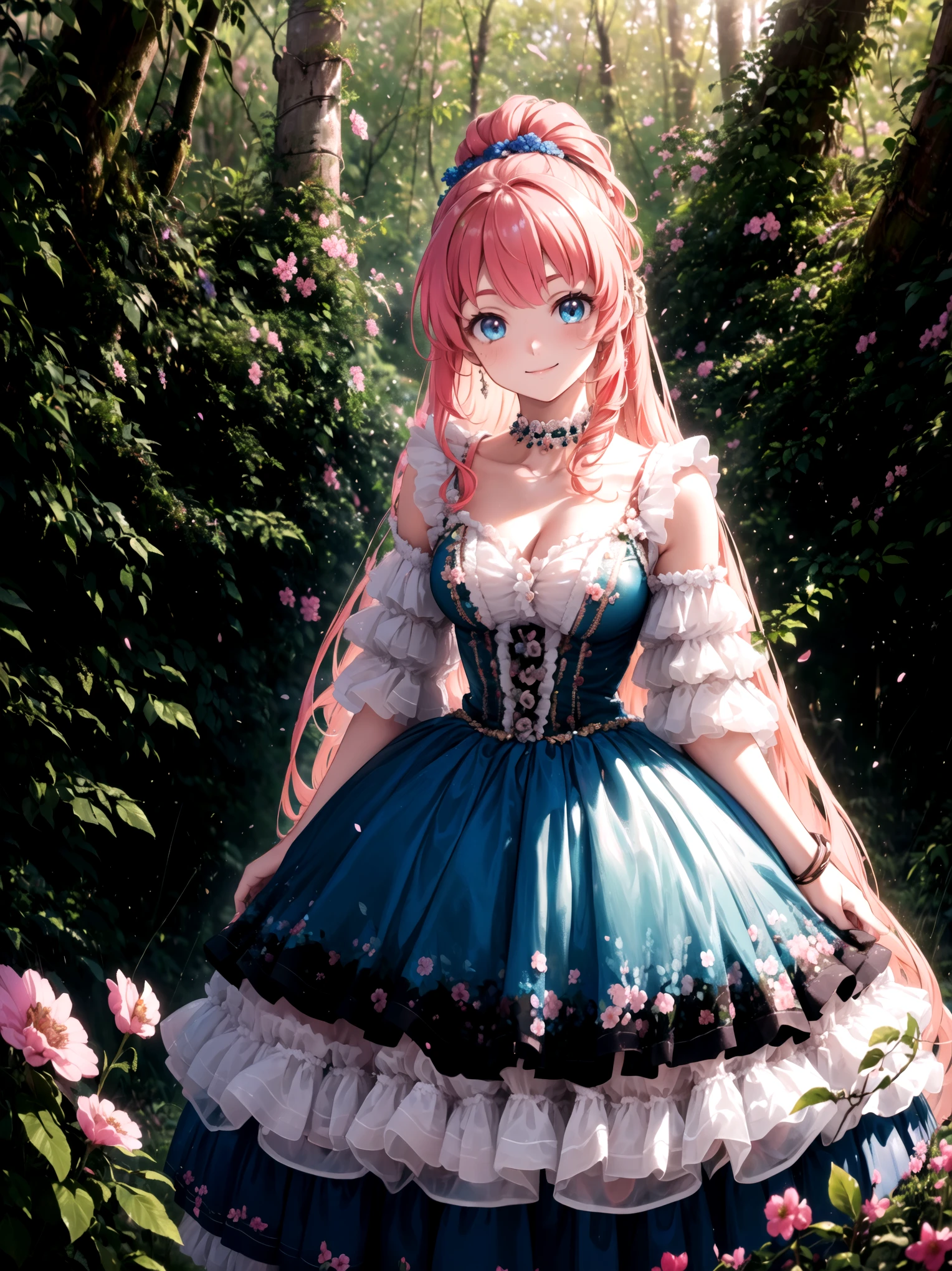 Miss, curls, Ponytail, Fancy Skirt Support , Red pleated skirt , ((( Large size))), Super Detailed Beautiful Eyes , hat, furry, pink hair, (( Smile)), Low-cut dress, loose t-shirt , Light Particles, Retro, forest, ((nature)), ( in the woods ), (((A decayed small room in the forest surrounded by flowers ))), sofa, (( Lots of brightly colored flowers )), ( fluttering petal), Sunlight Through Trees , Shallow depth of field , movie particle , landscape, SHINING LIGHT , Light Leakage , ( Anime Moe Art Style :1.3), (( Extremely Detailed Drawing , super detailed , Exquisite Quality , very high resolution)),