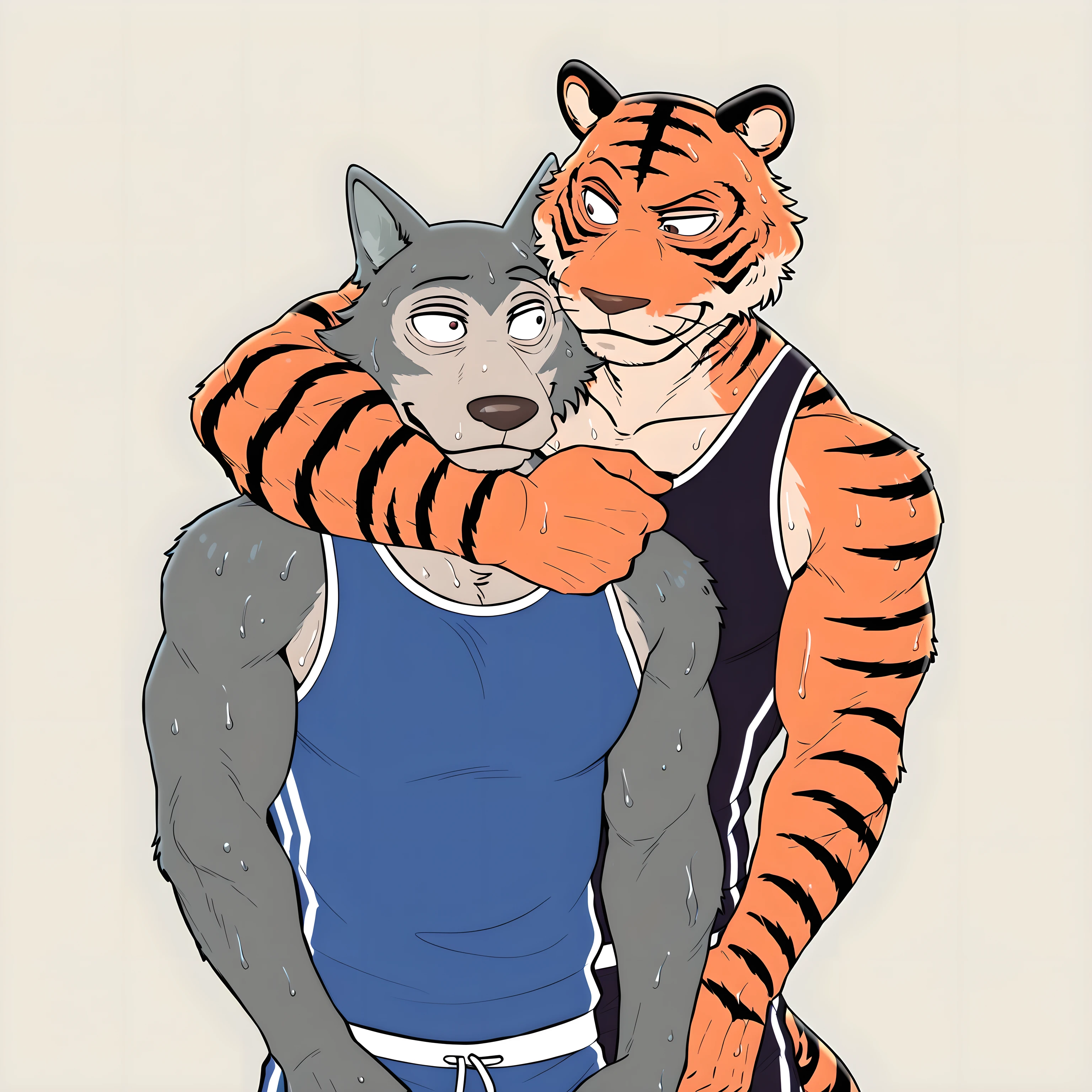 l3gosh1, beastars, male, wolf, muscular, athletic, masculine, (small eyes), BillBeastars, male, anthro, bengal tiger, tiger, beastars, brown eyes, muscular male, athletic build, orange fur, black stripes, flat color, sweaty wrestling_singlet, simple background, sweaty body, two characters, multiple characters, standing, wrestling, head_lock, arm around neck, looking at each other