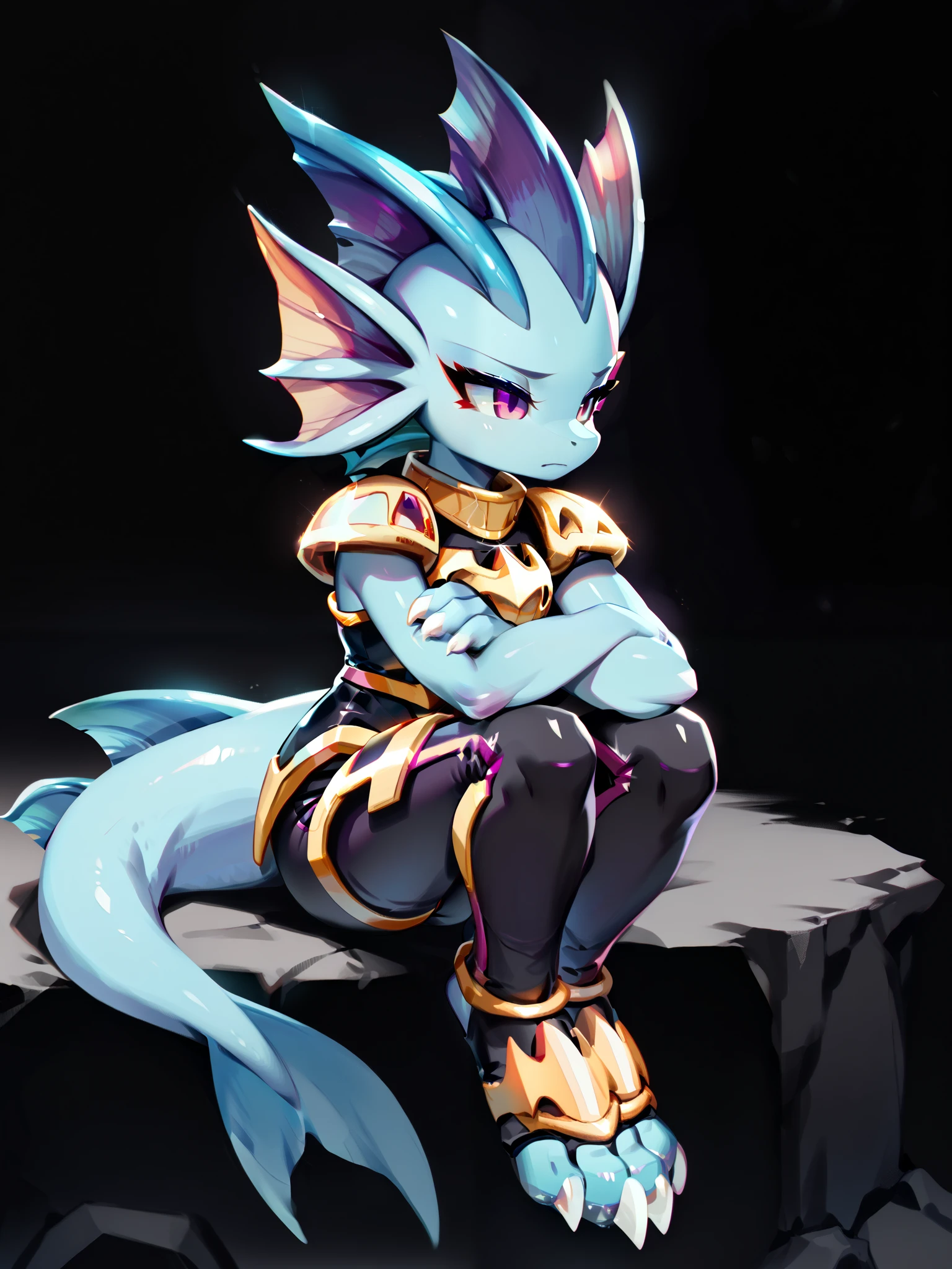 Anime, ((anime style)), solo drawing, solo, ((Three-Quarter view)), ((Solid Black Background)), ((vivid purple eyes)), ((draconic ear fins)), ((head fin)), ((tall figure)), ((sitting with arms folded)), tired expression, ((digitigrade legs)), ((digitigrade feet)), ((highly detailed anime style)), clean lines, claws, Merga from freedom planet 2, female, light armor, blue skin, black armor with gold trim, white claws, short muzzle, leg armor, ankle armor, black leggings under armor