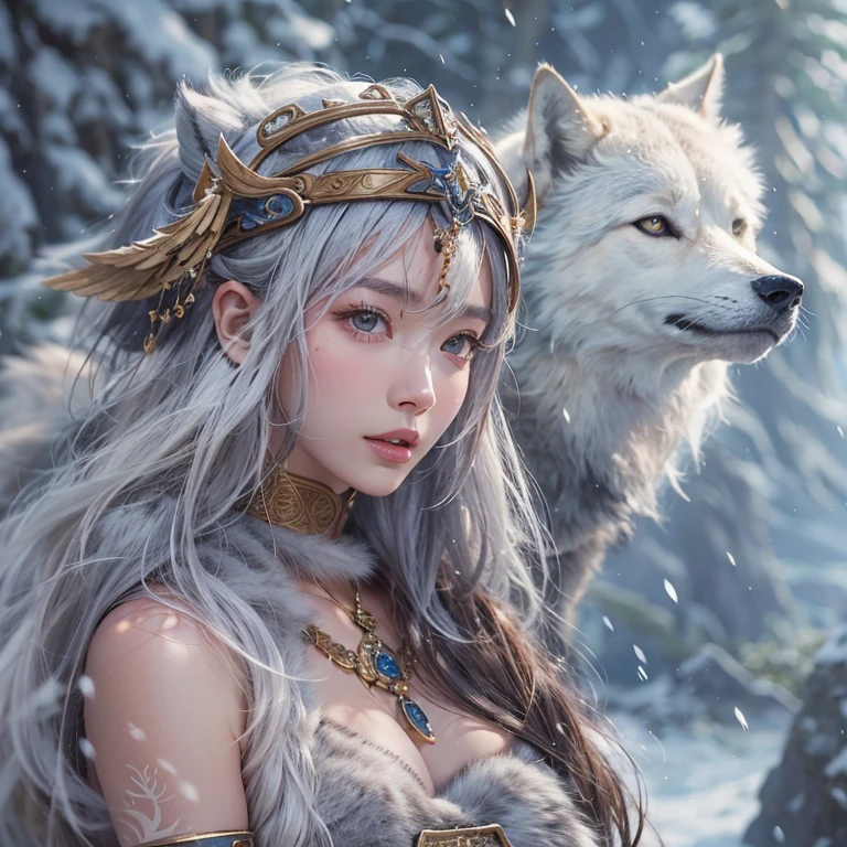 Hiding in the snowy mountains、Hair flow、 ((highest quality、masterpiece、8k、Best image quality、Ultra-high resolution、Award-winning works)、(Accurate anatomy:1.1)、(Look at me and smile:1.1)、Shining fair skin with Ultra-high resolution、The most detailed face、Ultra-high resolution detailed face、Ultra-high resolutionの髪の毛、(Ultra-high resolutionの煌めく瞳:1.1)、Beautiful face drawn in every detail、(Blurred Background:1.1)、Ancient Inuit clothing, Chest to chest, tattoo, Old ruins in the background、Besides real wolves