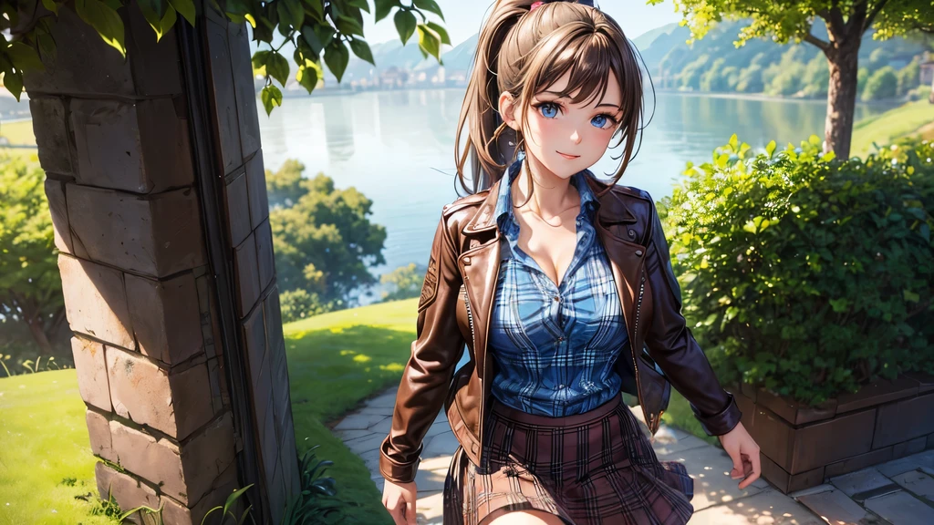1girl, solo, village house, trees, sun, clouds, ((brown hair)), ponytail, large breasts, ((brown leather jacket)), button down shirt, ((blue checked shirt)), ((unbuttoned shirt)), unbuttoning buttons, cleavage 1:3, green eyes, long skirt, brown boots, smile, happy, looking at the viewer, standing, hair ribbon, golden necklate, wind