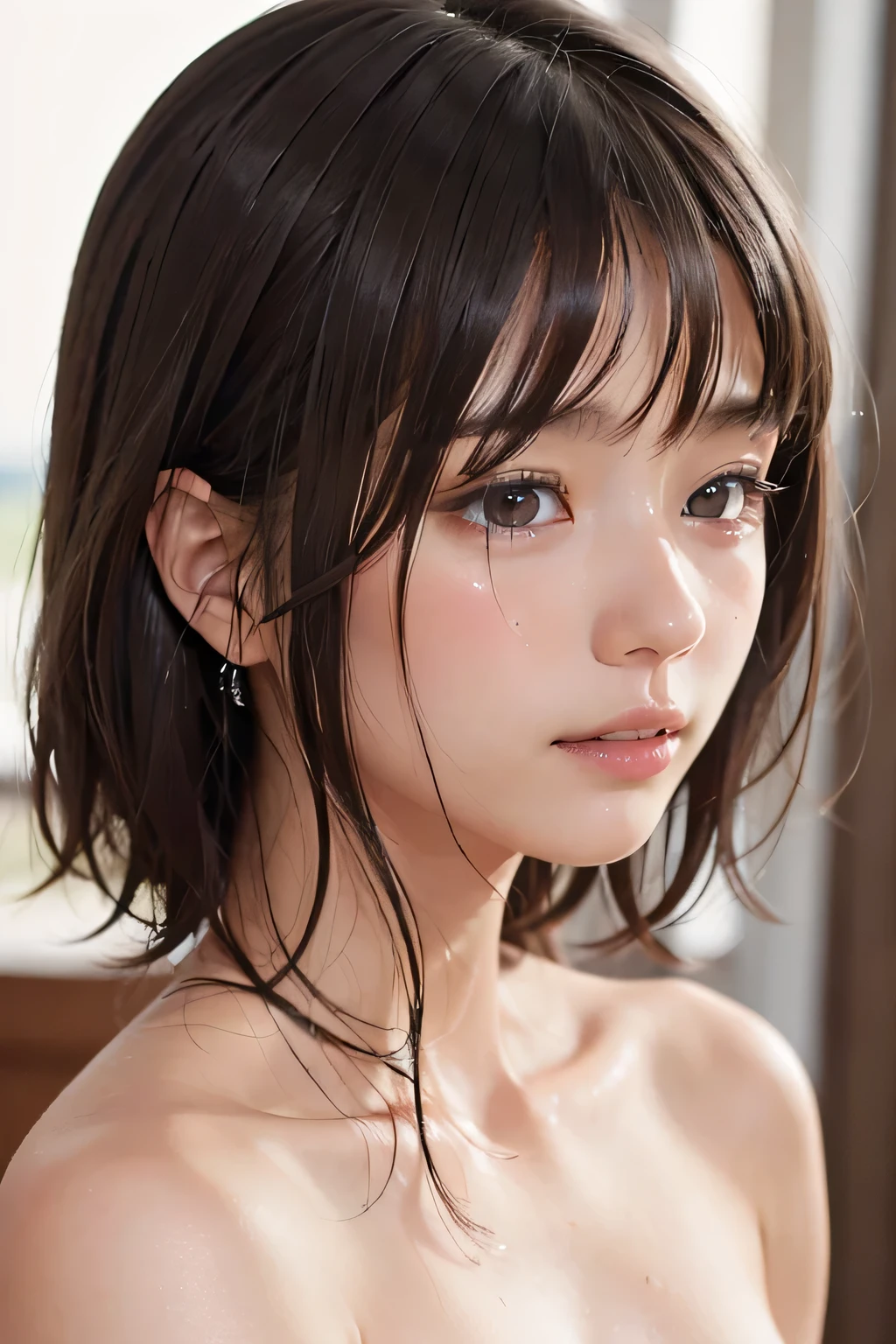 clothed、(photoRealstic:1.4)、(hyper realisitic:1.4)、(reallistic:1.3)、(Smooth lighting:1.05)、(Improved cinematic lighting quality:0.9)、32K、1girl in、20 years girl、Realistic lighting、back lighting、Facial Lights、Ray tracing、(brightened light:1.2)、(Quality improvement:1.4)、(Realistic textured skin of the highest quality:1.4)、fine detailed eyes、A detailed face、Fine quality eye、(Tired, sleepy and satisfied: 0.0)、Face close-up、tshirts、(enhance the atmosphere of body line:1.1)、(Increase the beauty of skin texture:1.1),Black hair short bob
