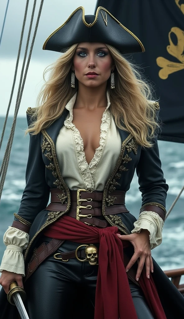 score_9, score_8_up, score_7_up, 1girl (medium full shot) of (attractive young woman:1.1) pirate swedish with blonde hair in a braid, blue eyes, fair skin, slender, wearing Maroon coat with golden brocade, breeches, tricorn hat with a peacock feather, leather boots, dangling earrings with nautical motifs such as anchors or ship wheels, wielding dueling sword with a slender blade and ornate hilt, ,shushing, resting on a diagonal, sad, in crowded deck of a merchant ship or warship, with sailors and soldiers bustling about their duties, as well as with opportunities for boarding actions, prize captures, and naval engagements against enemy vessels Masterpiece,best quality, photorealistic, amazing quality, very aesthetic, extremely detailed face,