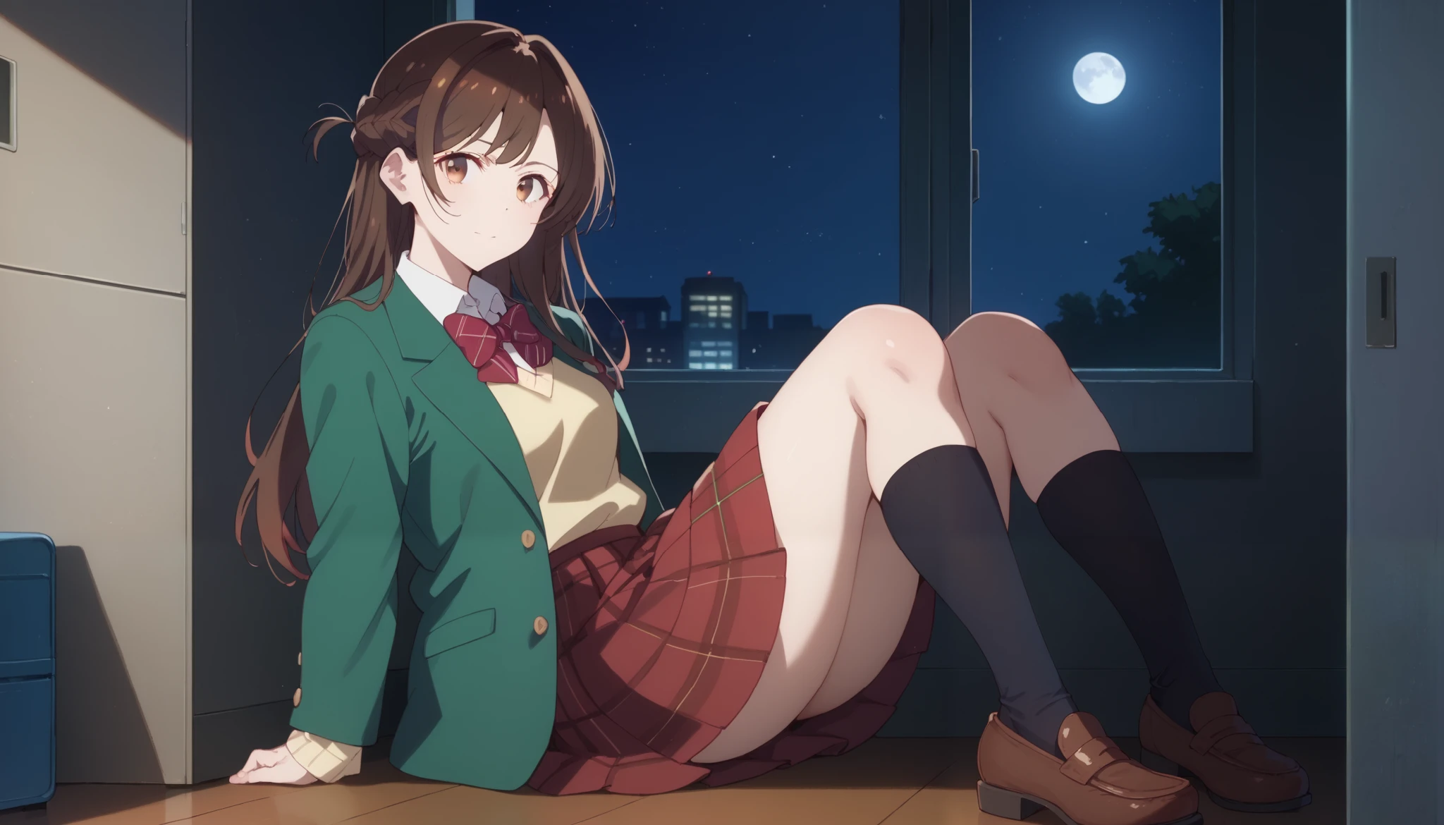 , stares at the viewer, Alone, Chizuru Ichinose, 1 girl, brown hair, long hair, French Braid , brown eyes, school uniform , green jacket, yellow sweater , bow tie, plaid skirt that breaks small breasts, red skirt, Black Sox,In a completely dark room, locker, window_,night, Moon and Stars、Closeup shot thick and puny, thighs、 holding your knee