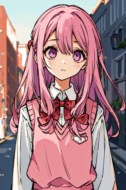 ((best quality)), ((masterpiece)), (detailed), 1girl, black_school_uniform, very_long_pink_hair, messy_hair, red_eyes, sharp eyes, sharp eyelashes, Japanese_school_building_entrance_gate_background, narrowed_eyes, orgasm face, pink_hair