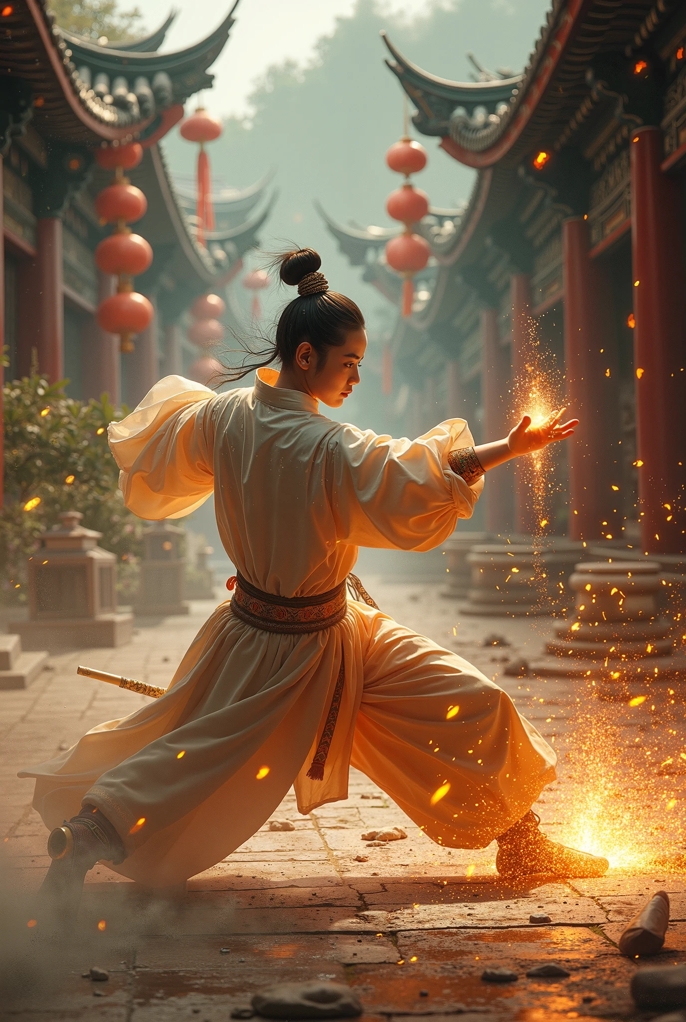 korean anime boy, , with super long silky hair, cute, beautiful, toned body, nice abs, slender, shirtless, eastern medieval era, in martial arts school, has superhuman strength, punching the side of a mountain.