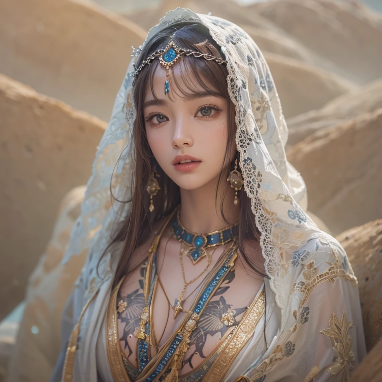 Hiding in the desert、Hair flow、 ((highest quality、masterpiece、8k、Best image quality、Ultra-high resolution、Award-winning works)、(Accurate anatomy:1.1)、(Look at me and smile:1.1)、Shining fair skin with Ultra-high resolution、The most detailed face、Ultra-high resolution detailed face、Ultra-high resolution hair、(Ultra-high resolutionのeyes :1.1)、Beautiful face drawn in every detail、(Blurred Background:1.1)、Ancient Islamic clothing, Chest to chest, tattoo, Old ruins in the background、Black leopard