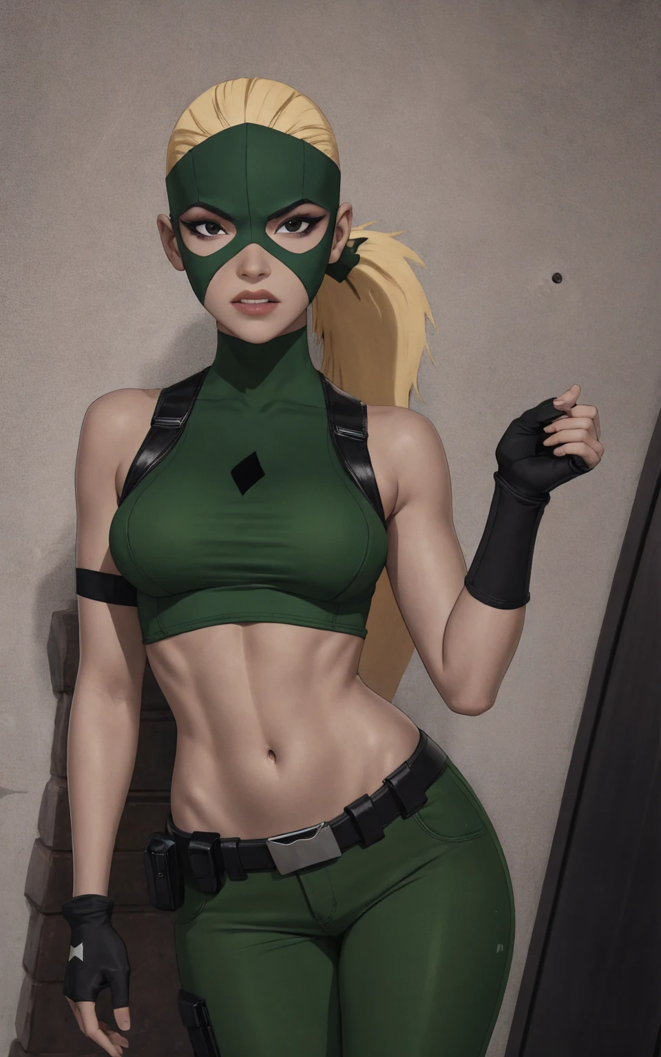 Costume_DC_YJ_Artemis_ownwaifu,
1girl, mask, domino mask,  blonde hair, very long hair, ponytail, dark skin, dark-skinned female, lips, makeup, black eyes, toned, lipstick, , , 
 crop top, midriff, gloves, navel, quiver, belt, fingerless gloves, green gloves,  shoulders, , sleeveless,  elbow gloves, green pants, green shirt, green leotard,
{<lora:CARTOON_DC_YJ_Artemis_ownwaifu:1> |<lora:CARTOON_DC_YJ_Artemis_ownwaifu:0.9> |<lora:CARTOON_DC_YJ_Artemis_ownwaifu:0.8> |<lora:CARTOON_DC_YJ_Artemis_ownwaifu:0.7> }
((masterpiece)),((best quality)),(highres, absurdres), original, official_art, looking at viewer, solo, focused, outdoors, day, cowboy shot,