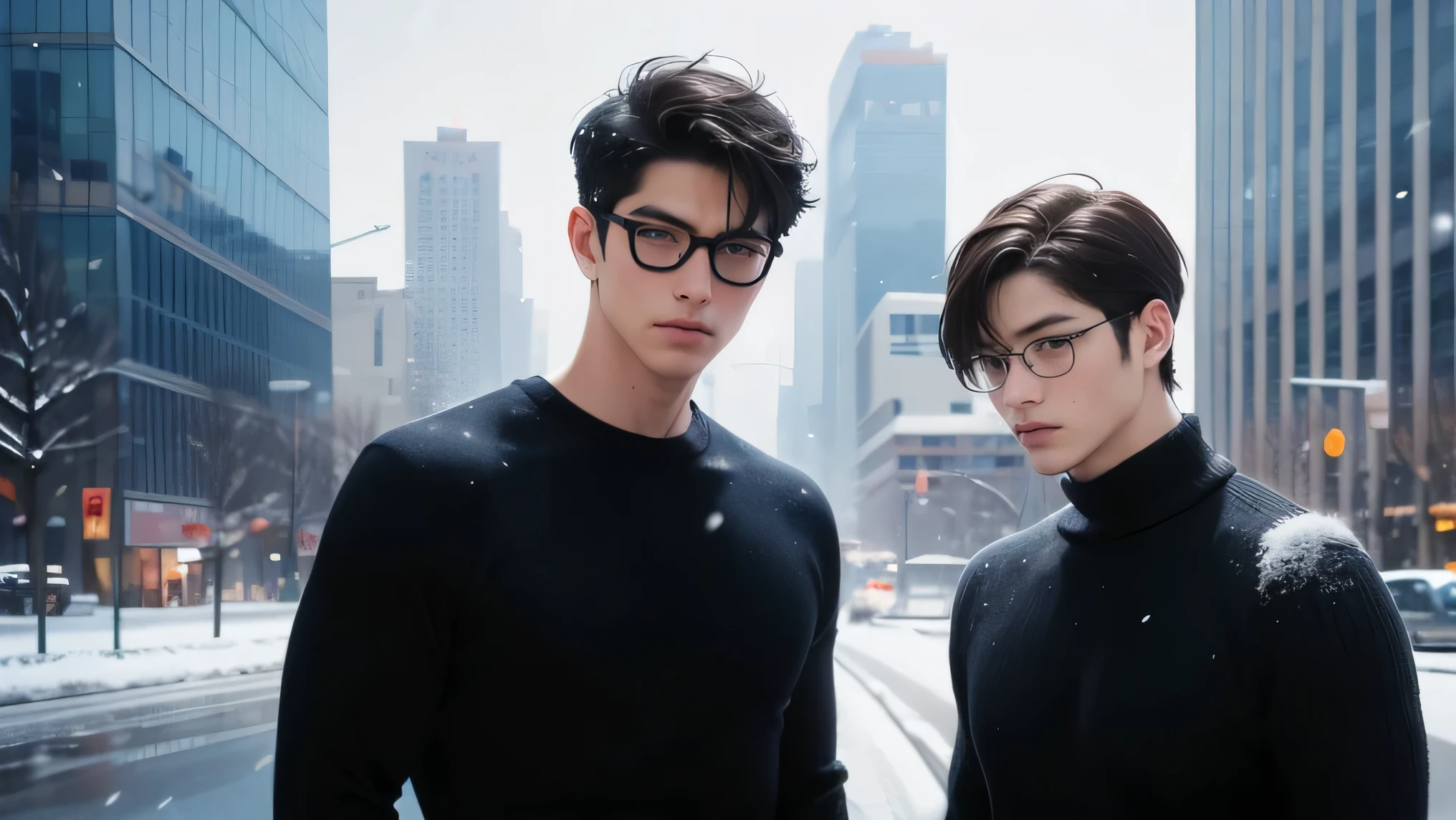 Two Japanese handsome guys short dark hair Two men Slim figure Thick knit sweater Background is snow Just snow futuristic city skyscrapers and highways in an upper body composition universe looking at the camera 縁の細いGlasses Short round cut Glasses Short round cut Intellectual Thin Short round cut skinhead Glasses Two Japanese handsome guys short dark hair Two men