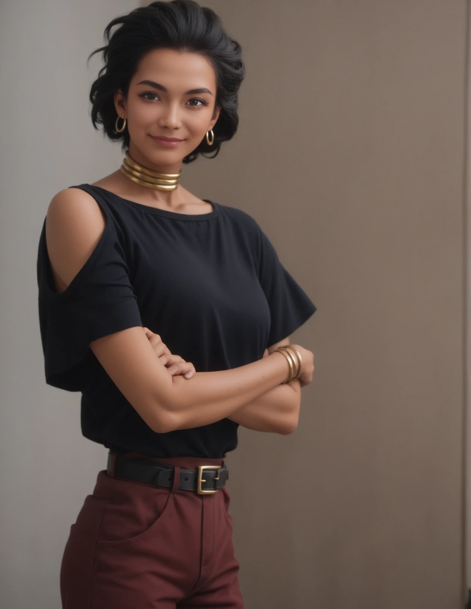 forehead_vista, upperbody, anime screenshot, ( highres,  the best quality ),   zpDxl, 1 girl, 
 cover of the monthly magazine Megami ar3tm1swwre ,  dark-skinned women's glasses, 1 girl, neck ring , Alone ,  looking at vistaer ,  Soft smile,  closed mouth ,   Posing for photo  ,  arms crossed,
 Short Black Blouse, loose fitting brown pants ,  belt, bracelet, 
 megami monthly magazine cover , pinup, fondo blanco,