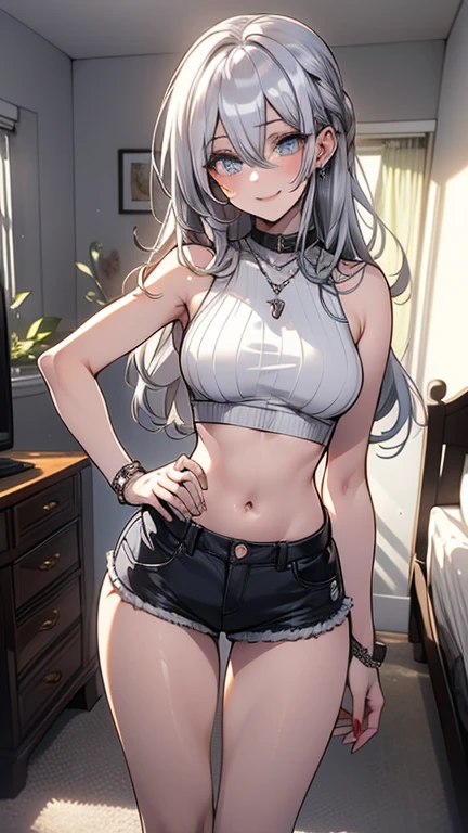 Brown eyes, glasses, light brown hair, silver hair tips, curly hair, bangs, pulling down stocking, changing, short shorts, pink tight crop sweater, collar choker, silver necklace, black eye makeup, freckles, blushing, fit girl, slim stomach, wide hips, thick thighs, emo girl, Face Focus, prominent lips, round nose