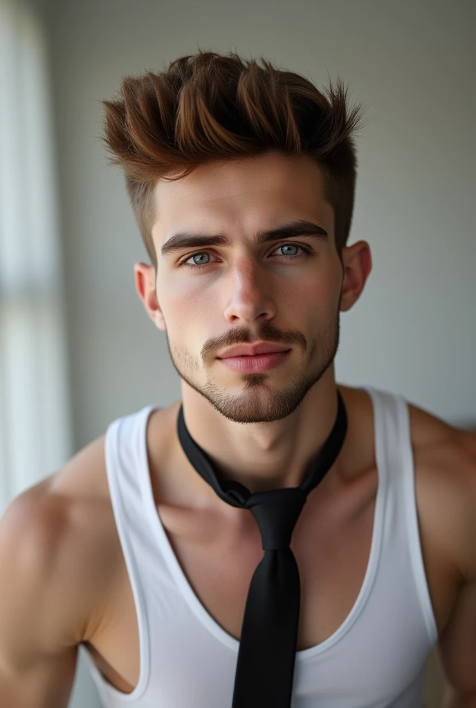 <lora:black_tattoo_choker_0.2:1>photo of a man, tank top, masculine, beard, choker, highly detailed, hyper realistic texture human skin