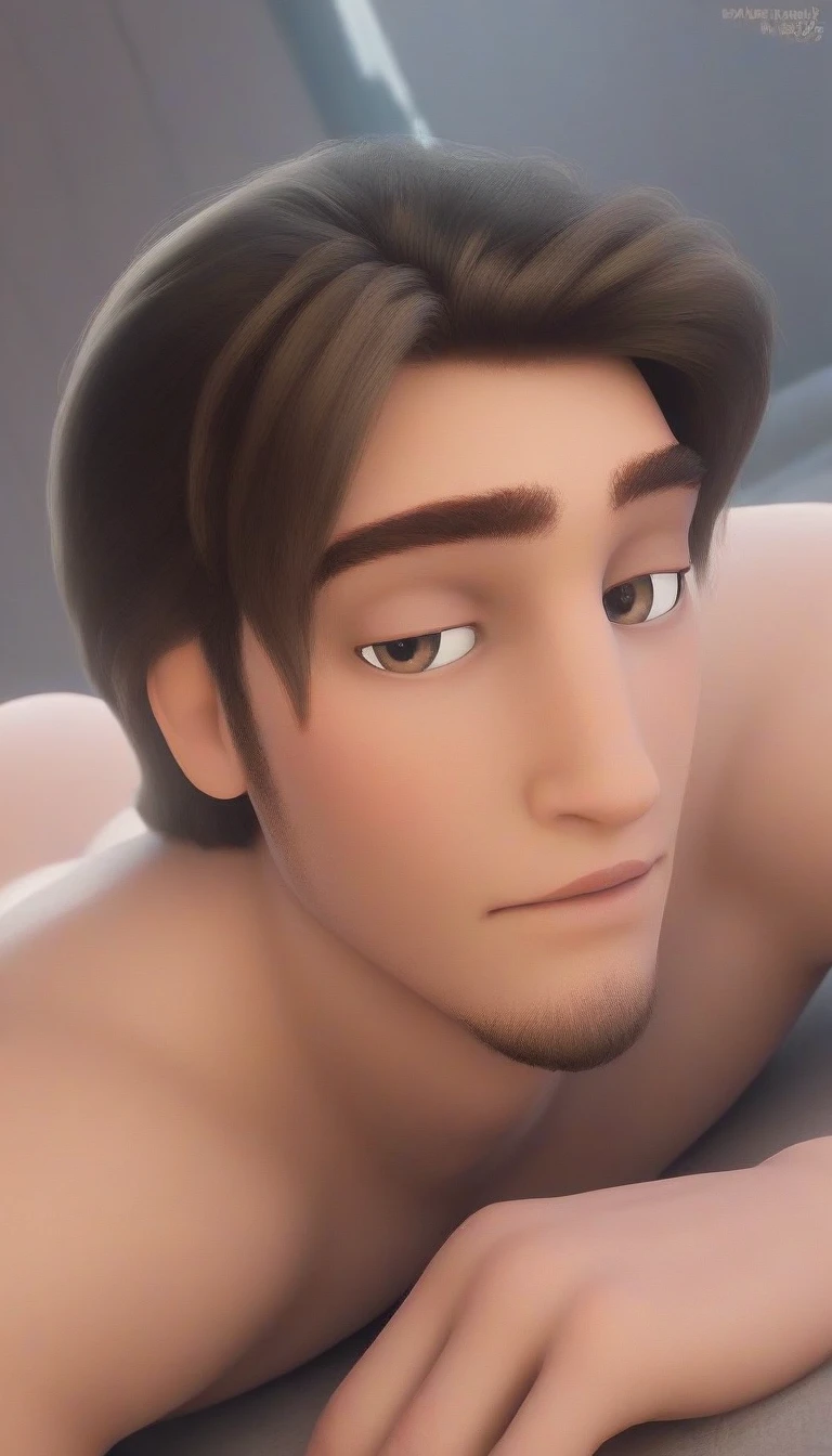 flynnrider,1boy,solo, solo male,brown hair, brown eyes,facial hair,muscular,jack on pose,looking at the viewver,close up,,big ass focus, in the bedroom, completely naked