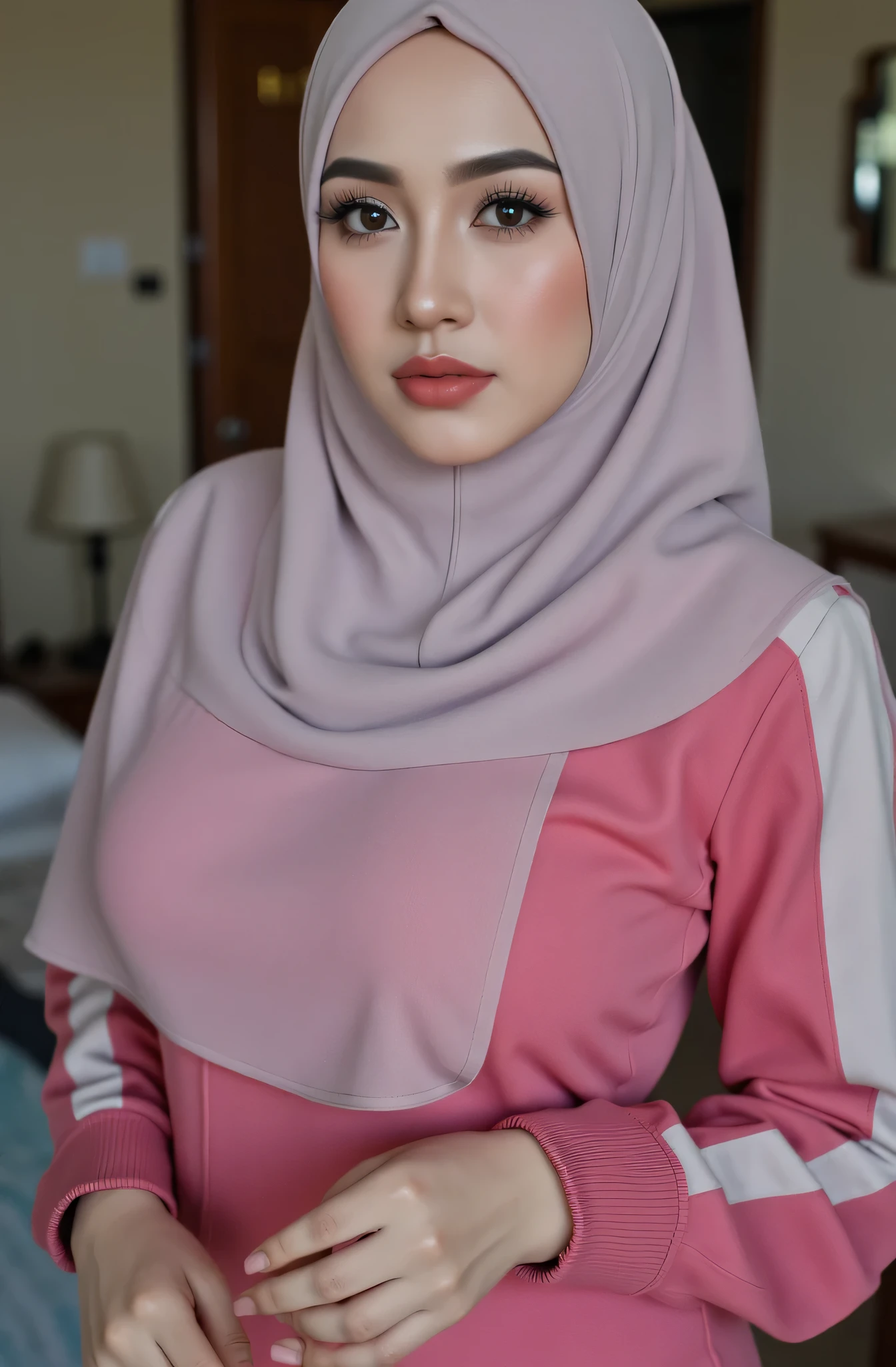 (Masterpiece: 1.2, Best Quality), Realistic, (Realistic Picture, Complex Details, Depth of Field), Best Quality, Masterpiece, Highly Detailed, Realistic, 1 mature, indonesian old wife, 45 Years Old, chest forward, big breasts, thin lips, beautiful and seductive, curvy body, wearing sexy nurse uniform, full body view, look at viewer, full photo, background bedroom, sexy model style pose, wearing hijab muslimah