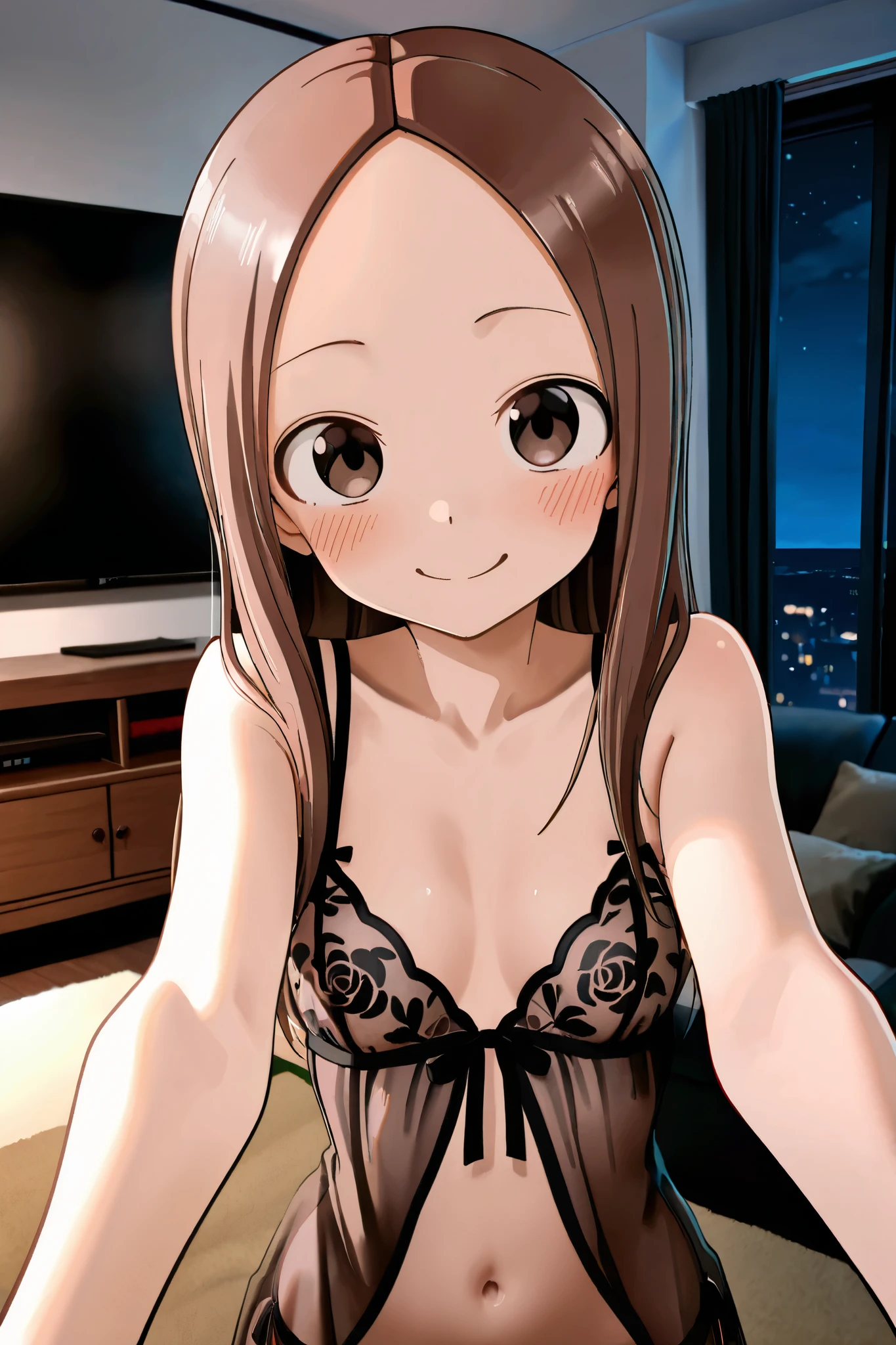 NSFW, Masterpiece, top quality, high resolution, very detailed,Takagi\(からかい上手のTakagi\), with long hair 、 Hair,Forehead、clavicle、 High Quality Lingerie , night living room,tv set,blush, smile, Mischievous Smile ,Frustrated face, is seducing