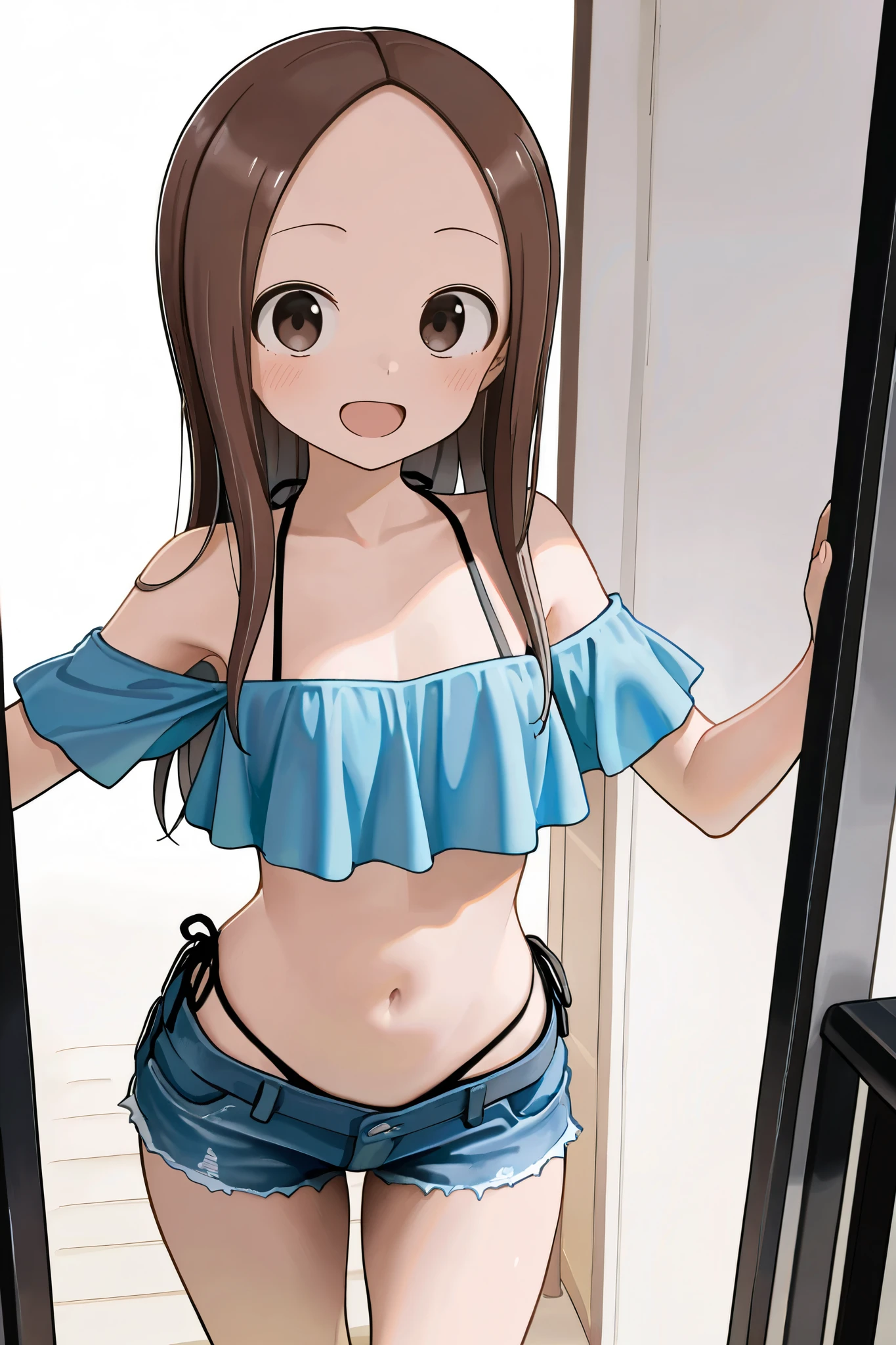 NSFW, Masterpiece, top quality, high resolution, very detailed,Takagi\(からかい上手のTakagi\), with long hair 、 Hair,Forehead、clavicle, crop top, shoulder out, denim shorts, high leg bikini, night entertainment district