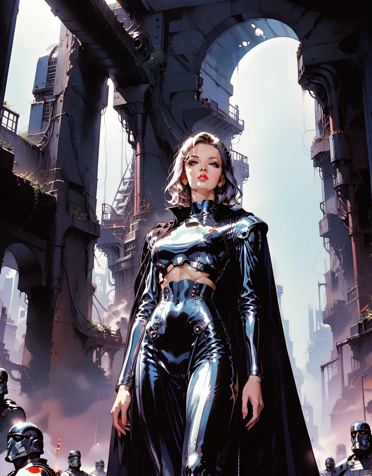 by Michael Parkes and Diego Rivera, (retro futurism , digital art but extremely beautiful:1.4), Riana as a Slutty Nun done in a dramatical style with lots of steps and perfect in every way city, world, light,  radio, TV, CAMARA