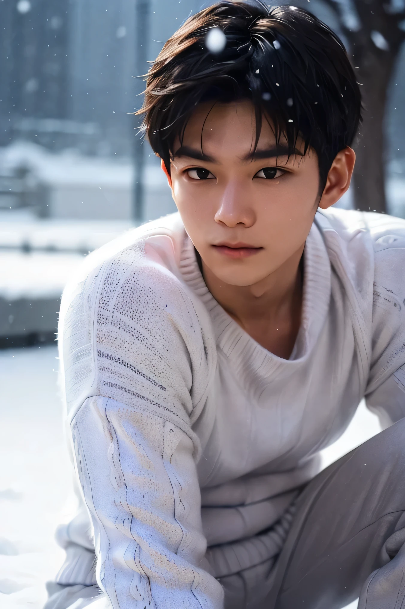 Japanese handsome short dark hair short cropped male Slim figure タイトなwhite thick knit sweater Black R long pants white thick knit sweater face up composition from shoulder The background is just snow A city far away Sportsman type man strict顔 strict目 Face close-up Sportsman type man strict顔 strict Sportsman type man strict顔