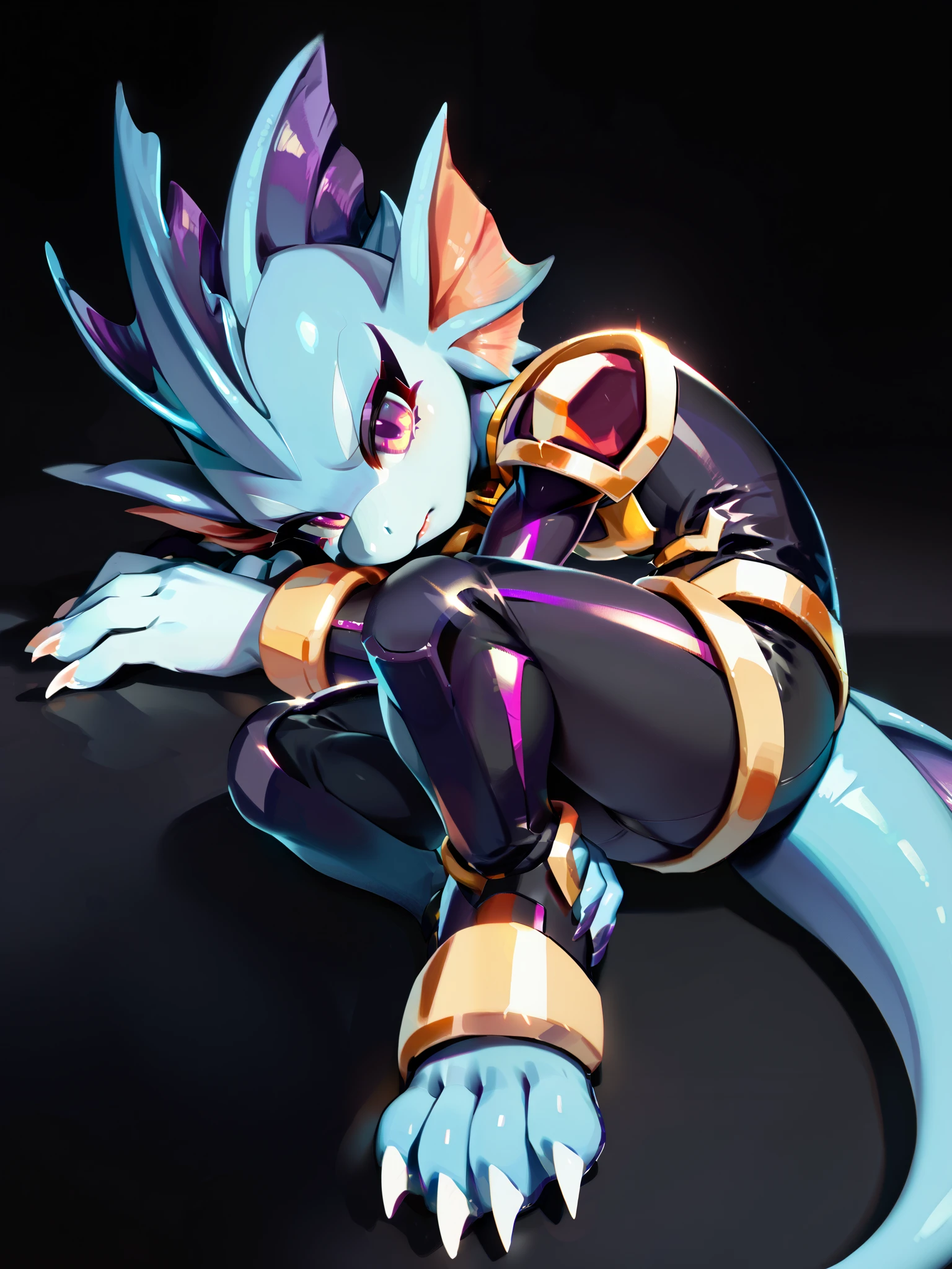 Anime, ((anime style)), solo drawing, solo, ((Three-Quarter view)), ((Solid Black Background)), ((vivid purple eyes)), ((draconic ear fins)), ((head fin)), ((tall figure)), ((laying down)), tired expression, ((digitigrade legs)), ((digitigrade feet)), ((highly detailed anime style)), clean lines, claws, Merga from freedom planet 2, female, light armor, blue skin, black armor with gold trim, white claws, short muzzle, leg armor, ankle armor, black leggings under armor