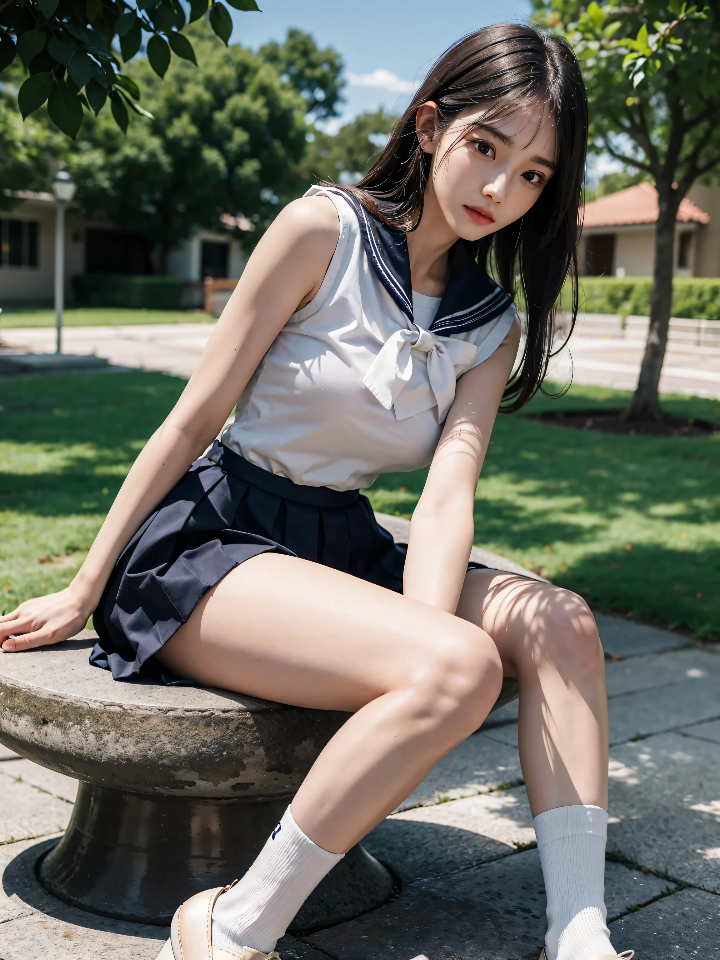 high school girl, , ((Sailor suit:1.3)), ((Red ribbon)), Black pleated skirt, mini skirt, Brown leather shoes, ((Black knee-high socks)), height: 158cm, 16 years old, Realistic, Browsing Caution, ((Pussy Crack:1.1)), ((spread pussy:1.1)), On the stairs in the park, ((Shiny skin:1.3)), cute, cute, Japanese, 最high quality, shape, Very detailed, In detail, High resolution, 8k wallpaper, Perfect dynamic composition, Beautiful details, Big Breasts, Random sexy poses, whole body, Like a real human being, smile, gravure, 1 female, Black Hair, Long Hair, 15 years old, (Big Breasts:1.3), 最high quality, 8k, high quality, High resolution, (Thick lips), ((Looking at the audience)), double eyelid, Beautiful woman, whole body, Dutch Angle, Fashionable necklaces, Medium Short Hair, (pubic hair:1.3), ((spread legs:1.3))