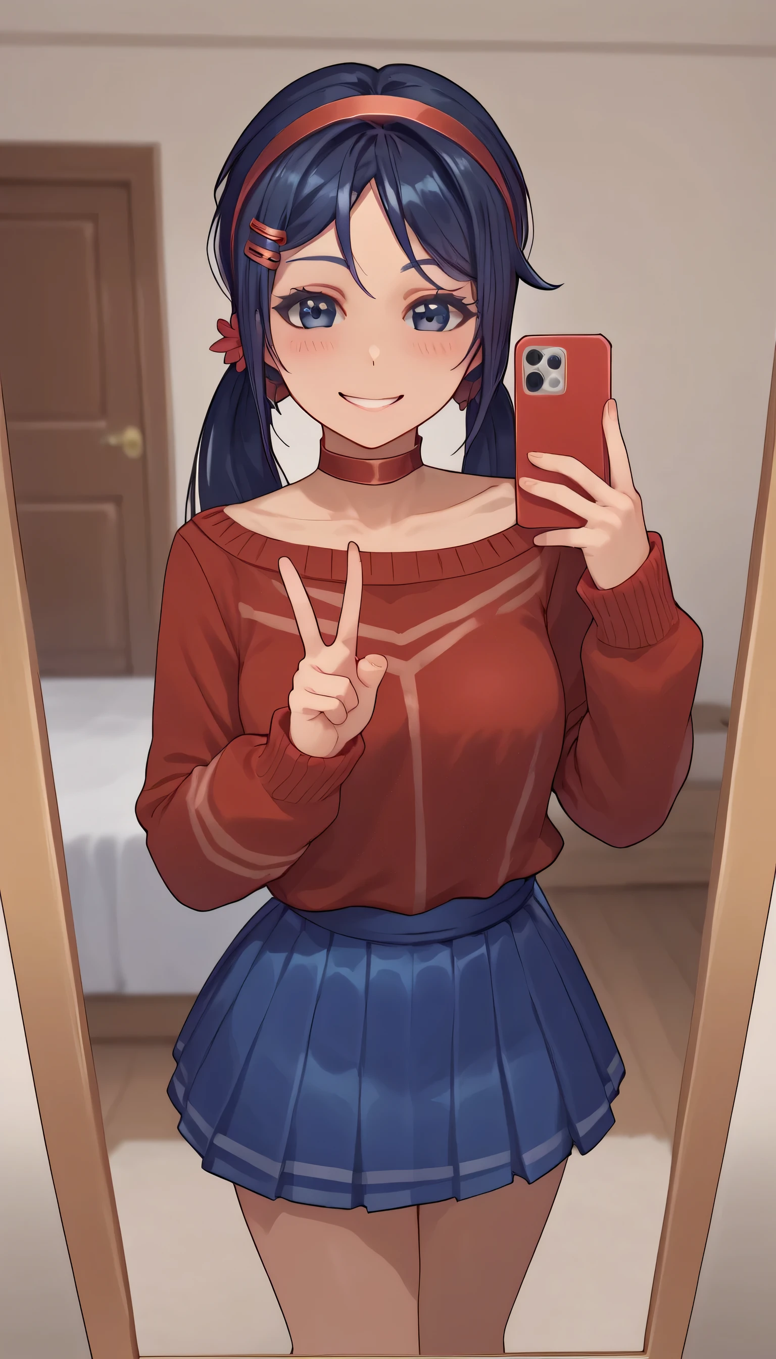 score_9,score_8_up,score_7_up, solo, 1 girl, dark blue eyes, dark blue hair, braids hair, red hairband, choker, red sweater, blue skirt, hair ornament, sweet smile, blush, blushing, peace pose, mirror, mirror selfie