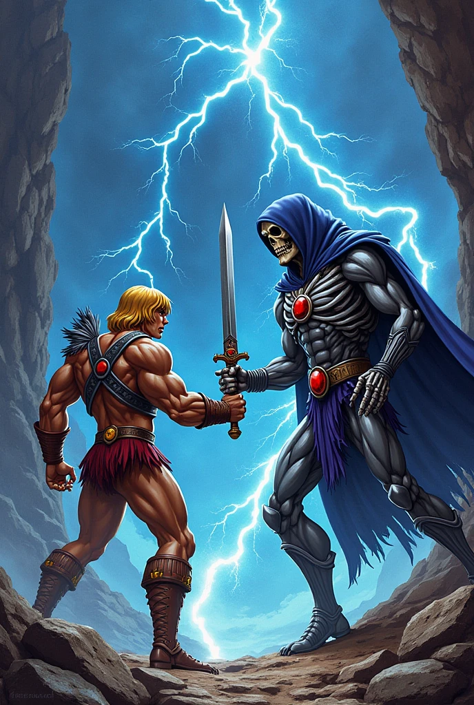 (muscular man in a heroic pose, long blonde hair, powerful physique, (He-Man:1.4)), ((Skeletor:1.4), skeletal villain with glowing eyes, throne of dark energy, Snake Mountain, evil lair, glowing mystical energy), scolding evil minions, (dramatic lighting:1.2), (cinematic composition:1.2), (intricate details:1.3), (epic fantasy:1.4), (digital art:1.2), (concept art style:1.2), (highly detailed:1.4), (8k, photorealistic, award-winning)