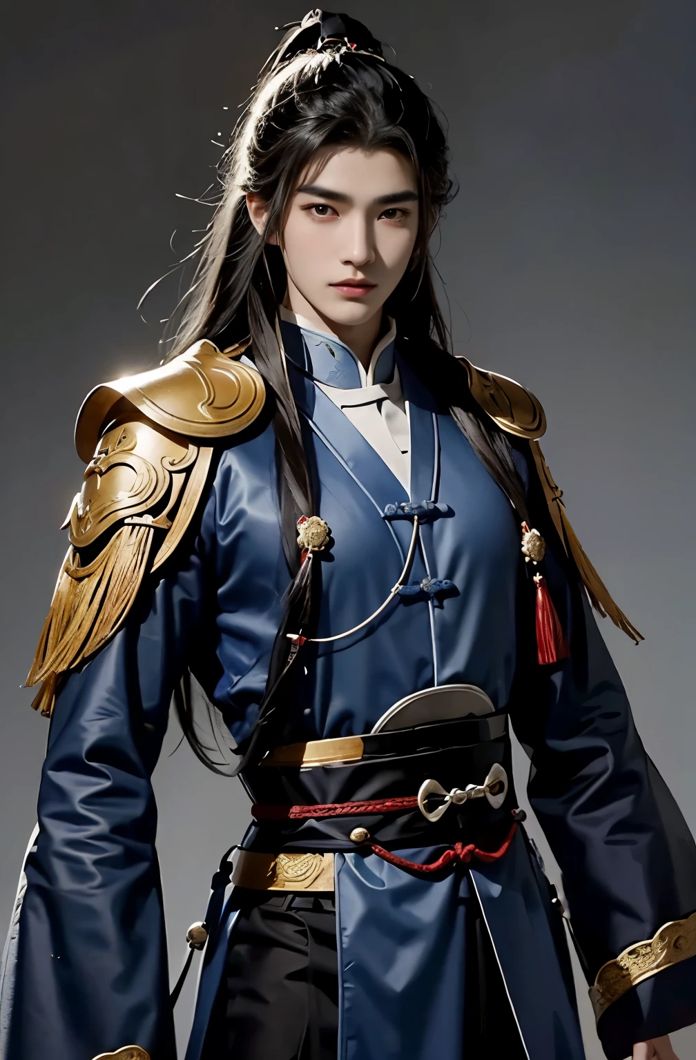 A 20-year-old handsome Chinese man wears an ancient Chinese dress from the Han Dynasty, long hair, black hair, a strong handsome face, dark eyebrows, big eyes, a sweet mane, a prominent nose, white skin.