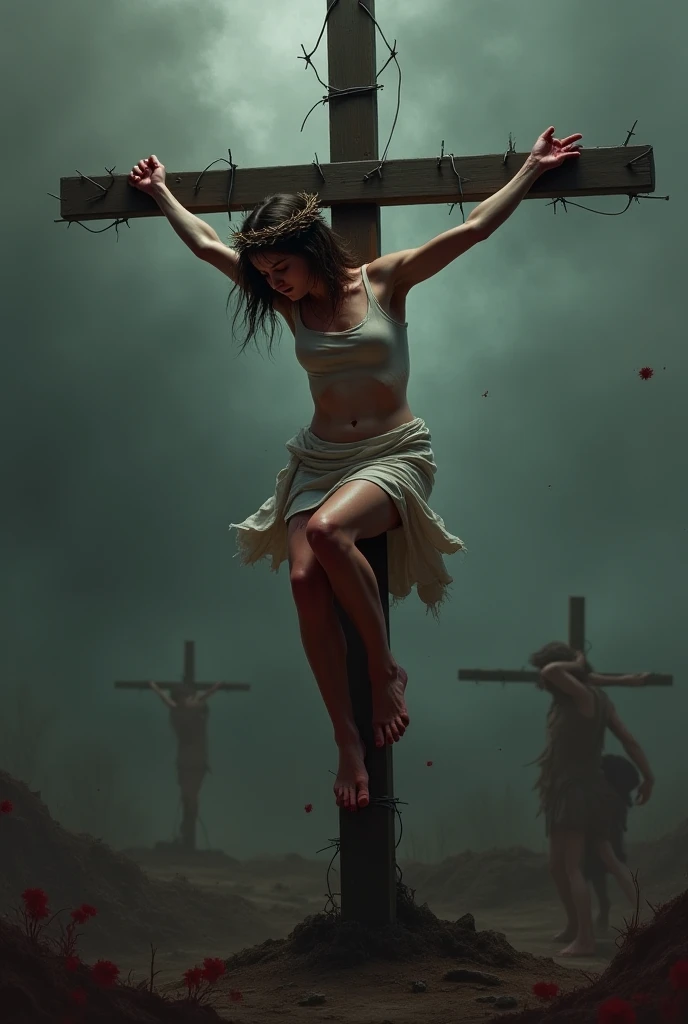 1 girl, realisitic, Raw photo, A Japanese Lady, (fullnude:1.9), 18year old, bobhair, Black hair、(Crucifixion of a burning cross:1.7)、 (Tie limbs to the cross with barbed wire:1.5), not any dressed、Burning Church