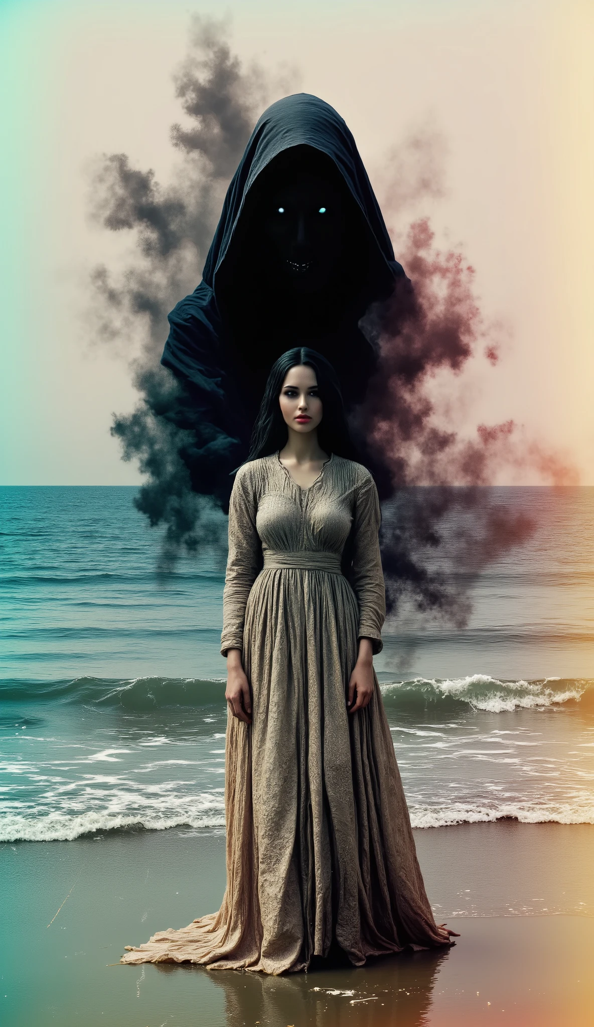 (double exposure of black grim reaper and beautiful woman), [close-up of black grim reaper's face in the distance above: beautiful woman standing on the beach, wearing a beautiful dress : 0.25],