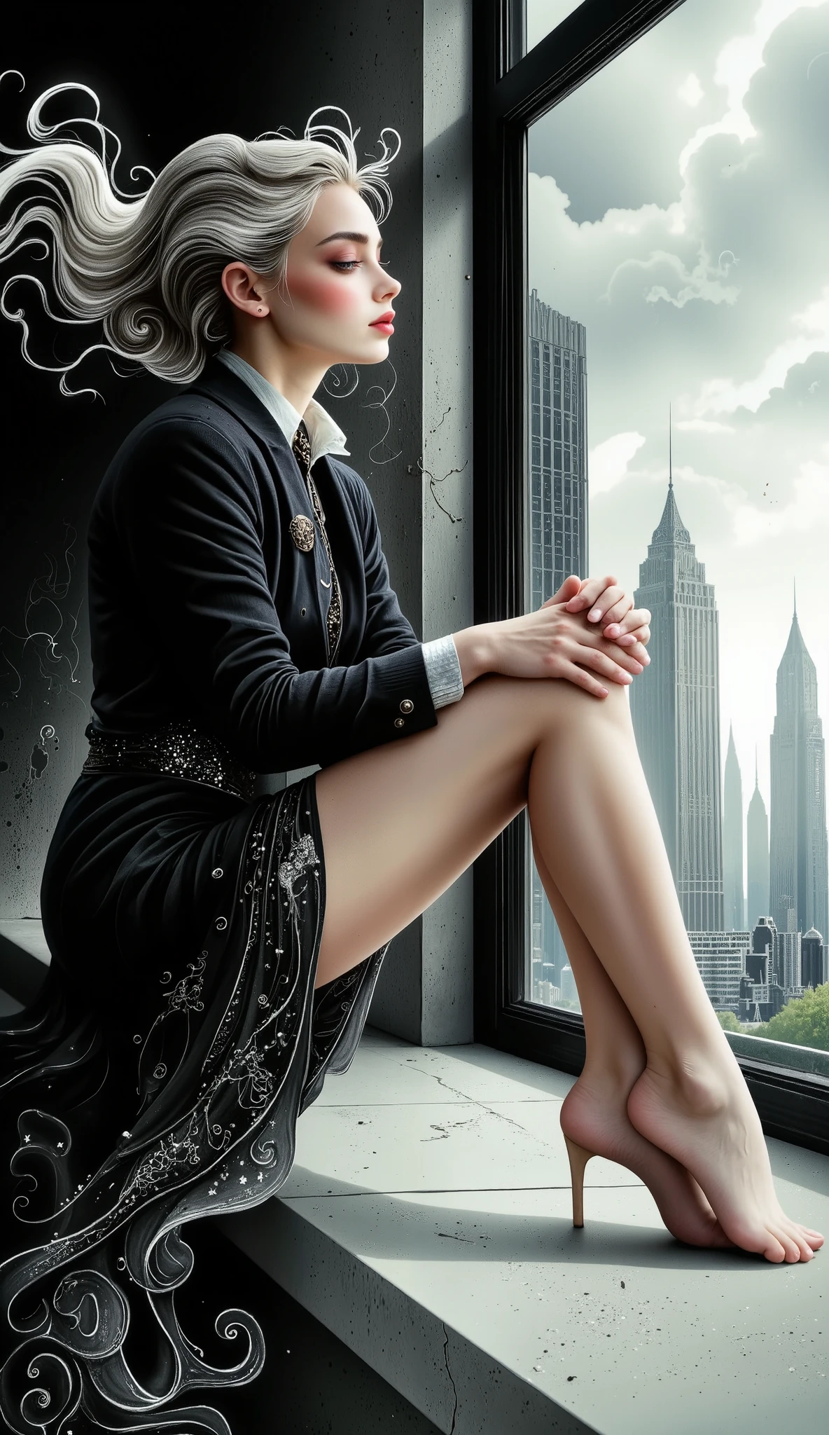a woman sitting on a ledge with her feet up and a building in the background, hair flying in the wind , A photograph of Emma Andijewska , In Trend In Pexels , Photorealism , a girl sitting on a roof , standing on the roof , standing on the roof , sits on a roof, Sitting on the roof of a skyscraper , standing on the roof de un rascacielos, editorial photograph , Photo shoot , depth of field, chiaroscuro, cinematic lighting, reflection light , drop shadow, Fujicolor, Optical illusion, UHD, Retina, masterpiece, Accurate, Anatomically Correct , textured skin, Super detail, high details, high quality, award winning , best quality, highres, 1080P, HD, 16K