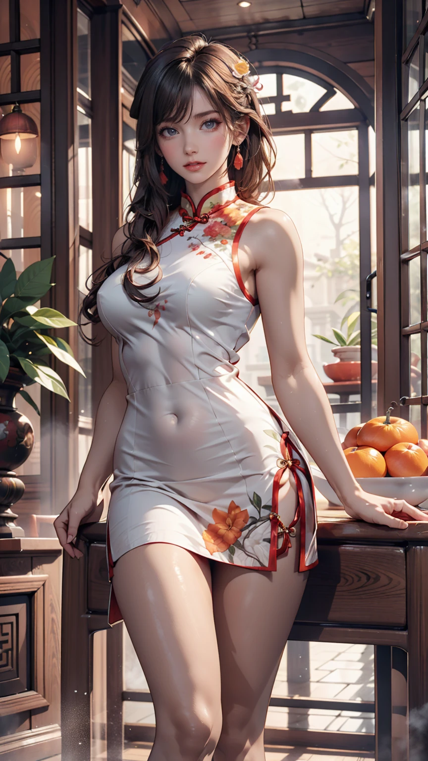 (best qualtiy)Meticulous tight cheongsam girl,Sit on the floor of the tea house,spread their legs,Wear a delicate pink skinny cheongsam,Protruding small abdominal muscles,And adds a cinematic touch to the scenes in the super one,huge tit,Tied with a high ponytail,Film lighting completes the overall atmosphere。