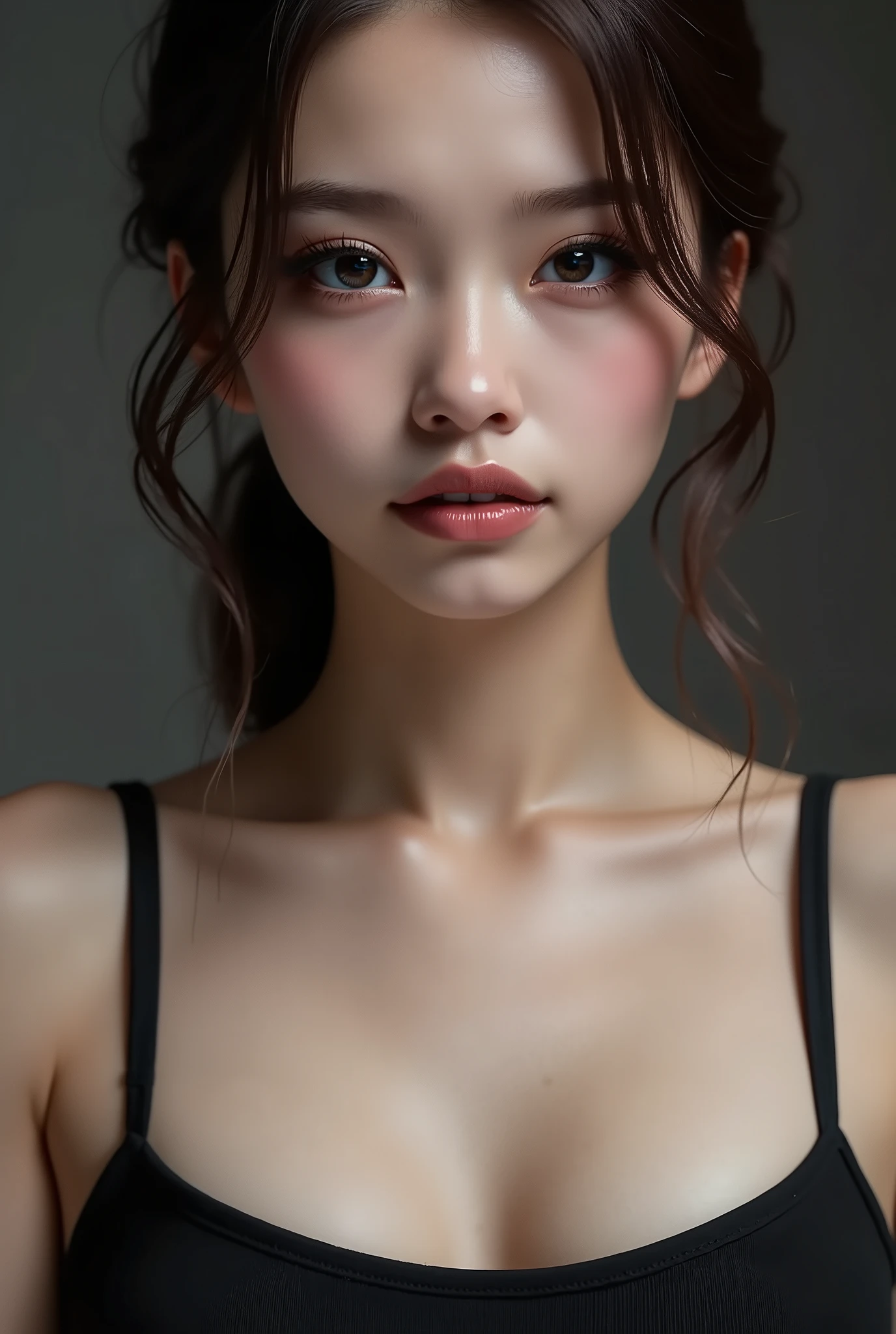 A close up of a woman with a black top and a black background - SeaArt AI