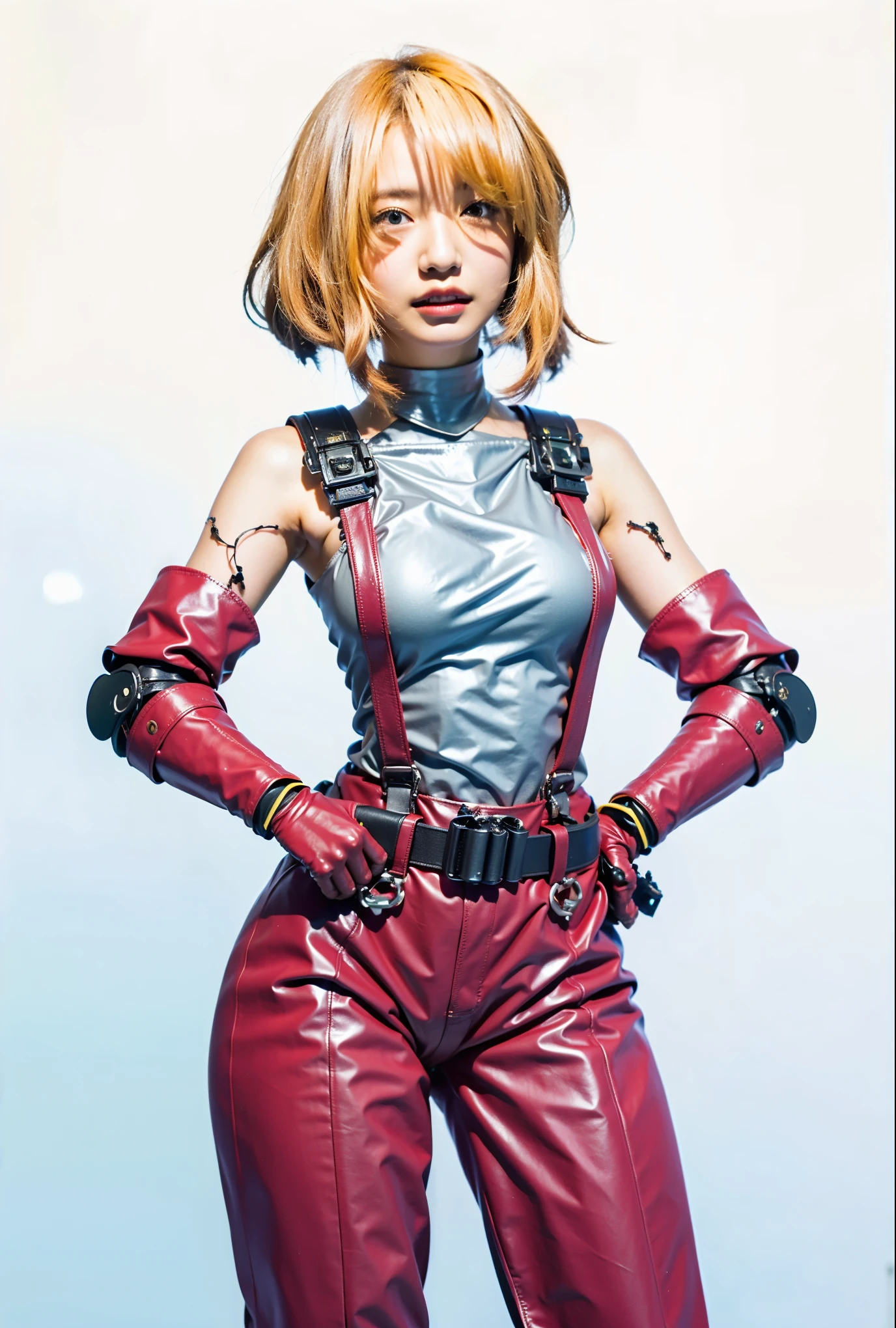 (Completely live action:1.37), (Amazingly realistic textures:1.37), (masterpiece, best quality:1.2), (8k uhd, 16k, 32k, ultra high res), amazingly realistic skin, amazingly realistic photo, superrealism, (photorealistic:1.37), (RAW photo), ultimately realistic, (ultimately realistic all details), (ultimately realistic all textures), super realistic lighting, super realistic shadow, (japanese girl:1.5), ((young face)), smiling, happy, super realistic face, ultimately realistic skin, ultimately realistic eyes, (ultra droopy eye makeup:1.35), ultimately realistic background, ultimately realistic detail up, kkw-ph1, ((ultra droopy eyes, cyberpunk-style cyborg girl, amazingly intricate details, Anatomically perfect hands, mechanical body, silver knight armor, ultra glossy texture, long canine tooth, red eyes))