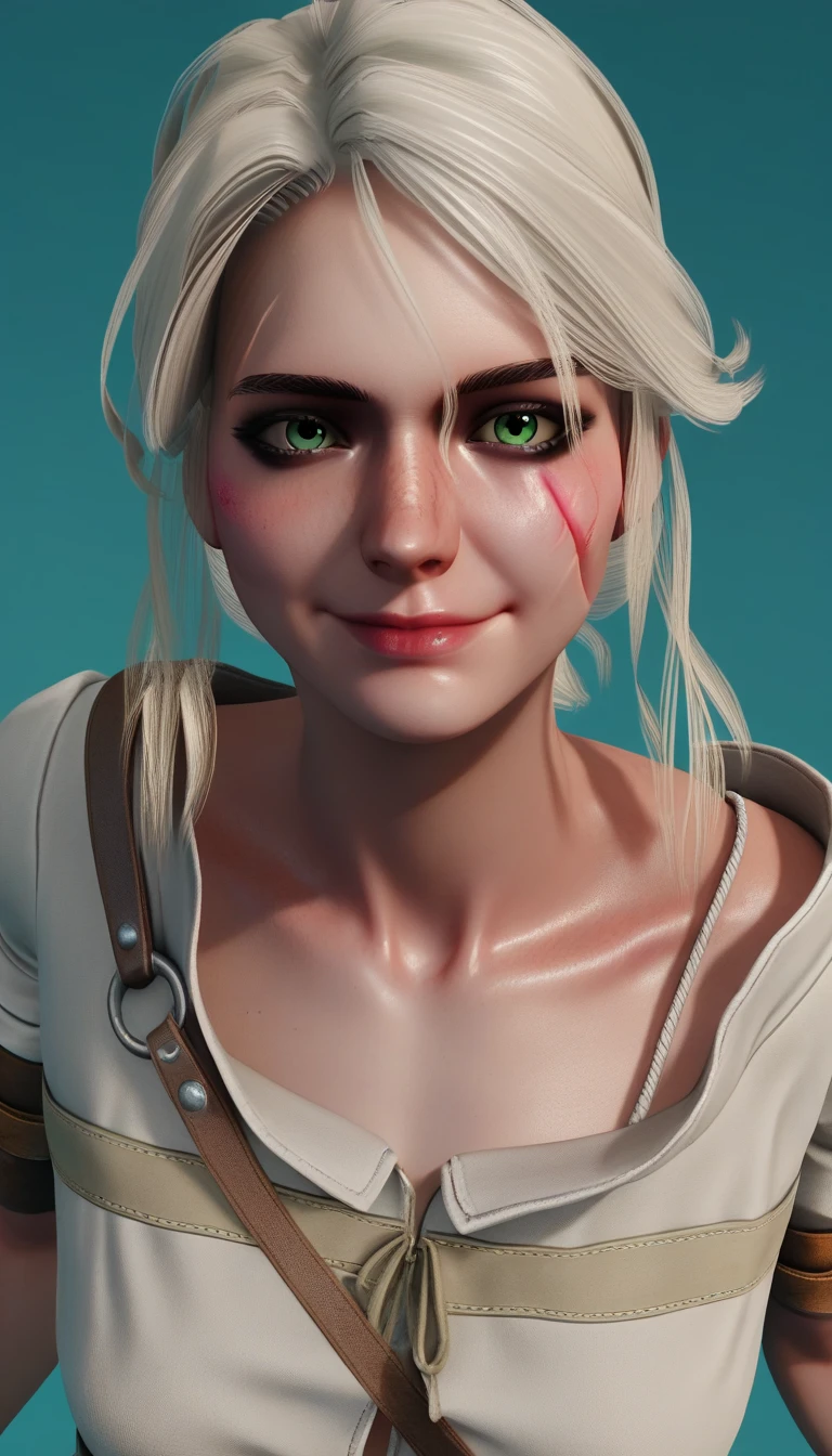 Ciri from the Witcher, ((flowing platinum blonde hairstyle)), ((light blue eyes)), ((healed long diagonal scar on left cheek)), face close up, facing camera, face portrait, morning light, ((castle interior)), wide joyous smile