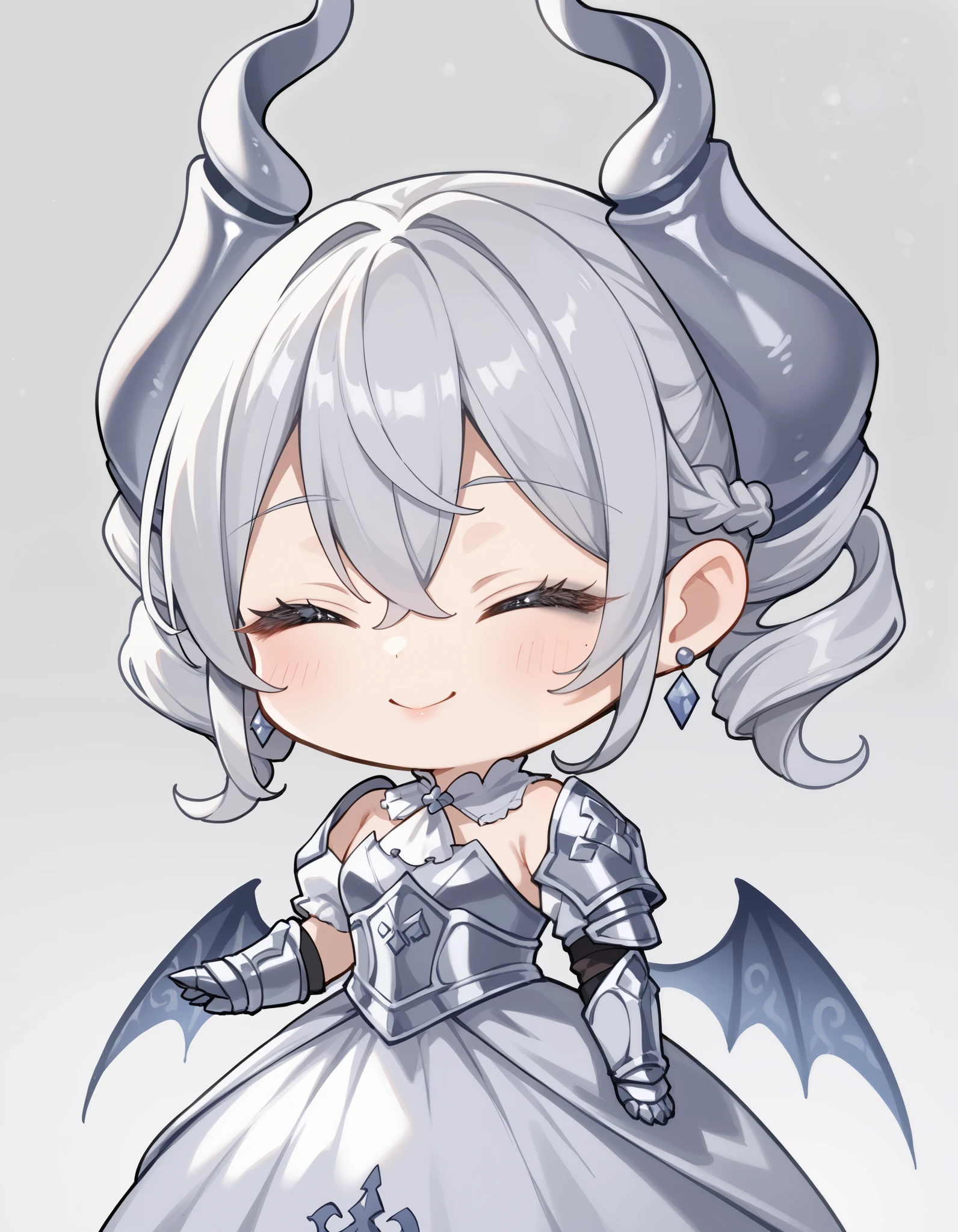 ( score_9:0.9), score_8_ up the side, score_7_ up the side,rating_safe,(zPDXL3),(zPDXL),
Masterpiece, intricate details,Anime,4K, top quality,Anime style,
lovely labrynth of the silver castle, demon horns, drill hair, grey eyes, grey hair, hair between eyes, horns, medium hair,
armor, demon Wings, earrings, gauntlets, jewelry, low Wings, Wings,
(1 girls with light makeup、whole body、 chibi:1.5),
smile、closed eyes、