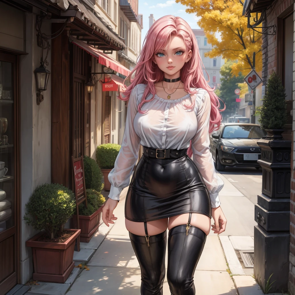 Masterpiece, beautiful art, 8k, art style by sciamano240, very detailed face, detailed hair, detailed clothes, detailed fabric, 1girl, beautiful face, long hair, hot pink hair , model head shot, facing camera, very detailed green eyes, sultry smile, wearing classy fall clothes, black dior thigh boots, black pencil skirt, walking , out shopping, necklace, chocker, rosey cheeks, sunny fall setting, full body view, photorealistic, indirect lighting, volumetric light, ray tracing, hyper-detailed, best quality, ultra-high resolution, HDR, (8k, Best Quality, Masterpiece:1.2), Ultra Detail, RAW Photo, Super Resolution, Professional Photo, Extremely Detailed and Beautiful, lot of drool, sweat, belly inflation