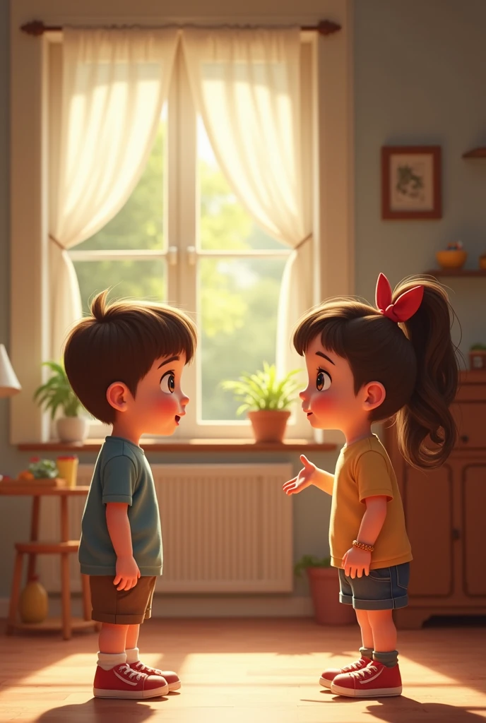 Create an image where a child is watching his young parents in a cheerful conversation in a room with decorations from decades ago.