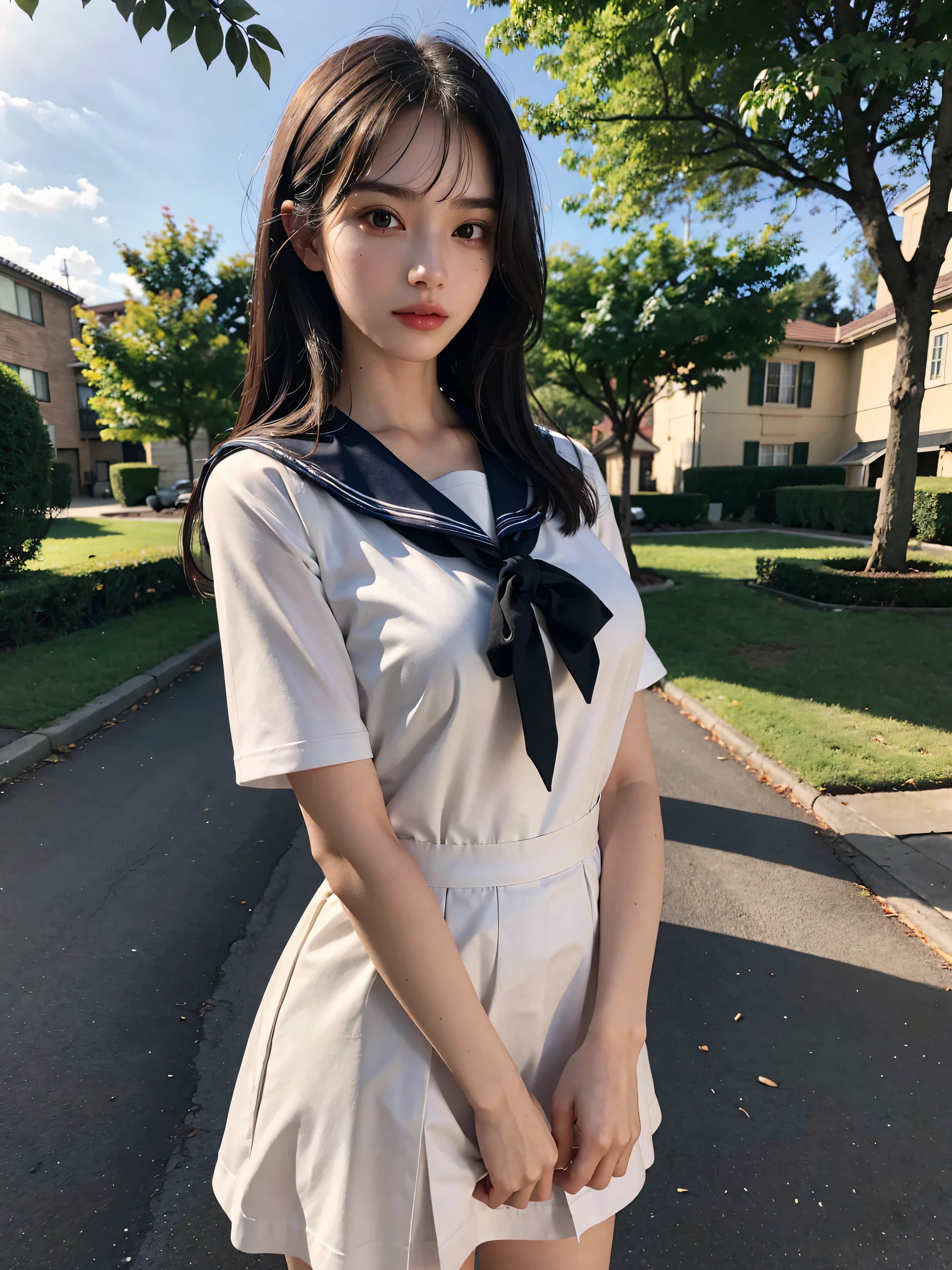 absurdres, RAW photo, extremely delicate and beautiful, masterpiece, Best Quality, ultra high resolution, 16k, hyperrealistic, ultra-detailed, perfect anatomy, super Detailed skin, perfect figure, Very detailed CG 8k wallpaper, in her 20s, very Slim body, narrow waist, very small head, very small face, delicate facial features, tearful mole, earring, thin legs, (very huge round breasts), ((full body shot)), short hair, (wavy hair), light brown hair, ((3 girls)), ((sweat)), ((sailor uniform)),