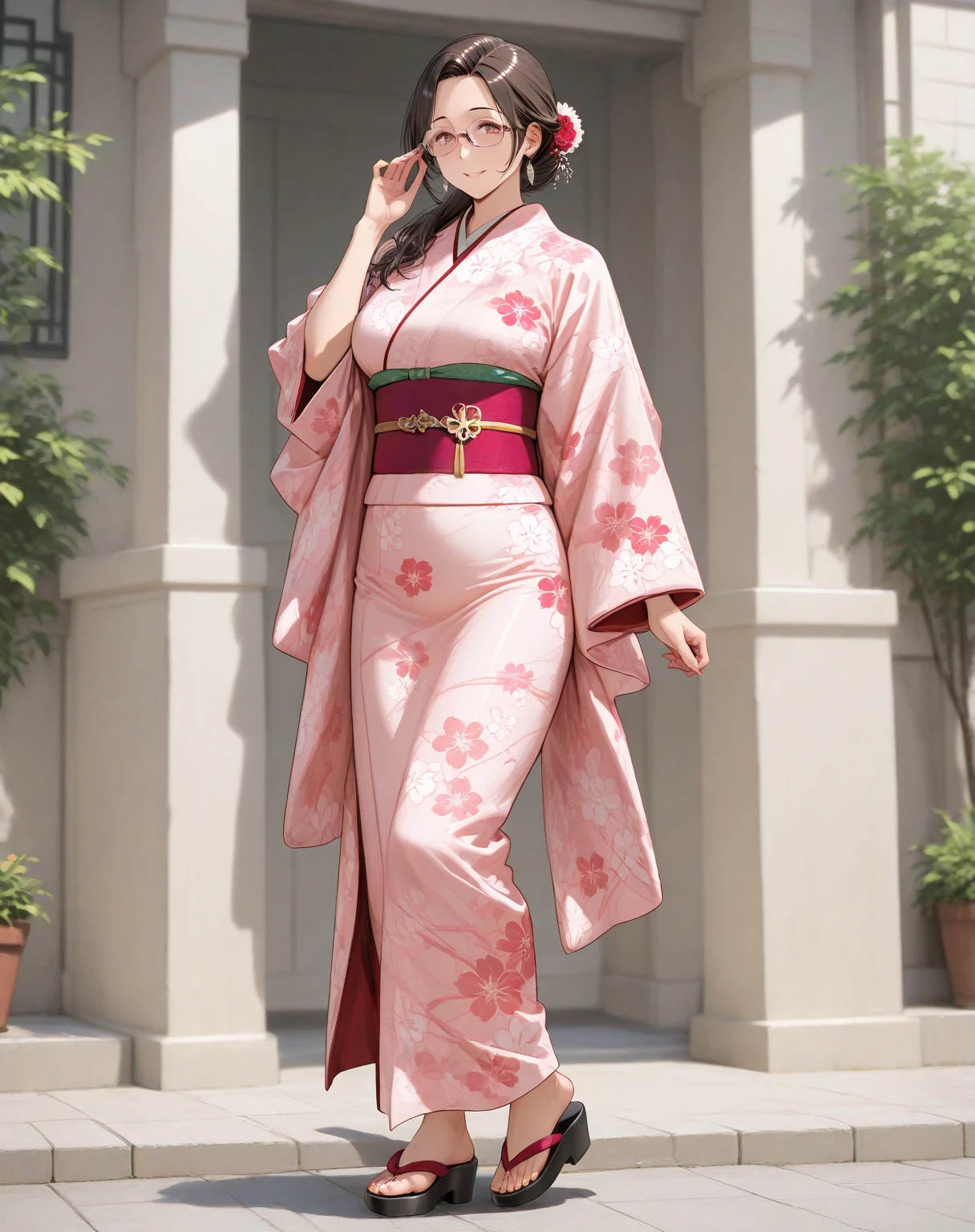 A beautiful girl in kimono standing under the kimono tree with cherry blossom 