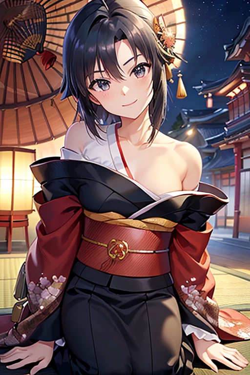 ((roll up bandage sideways on a chest tightly to cover the chest without gaps)), bandage samweways, the bantage is no chest shape, flat chest, ((Japanese Gangster BOSS)), adult woman with the dignified presence, Killing Qi, wear nothing around shoulder, wear nothing around neck, wear the kimono, wear it below the waist, (I wind it up to control it, and to attach it), ((kimono come off)) ,wear the kimono multiple times, Bare shoulders and the clavicle, black and gold kimono, put on over jacket of kimono, (holding a japanese sword which shine in purple, The handole of the sword is black, and the blade is gray, long sword), eye fire, low angle, whole body, bandage is seen, anime character, Glaring, off sholder, nappropriate smile, Excellent, black blue hair, can see both shoulder, long hem, small face, ((some cherry blossam big tattoo on the arm)),((Sit with your legs folded)), ((background Japanese gate with circlr mark)),Muscular,drink sake,fullmoon in the sky, lage clothe