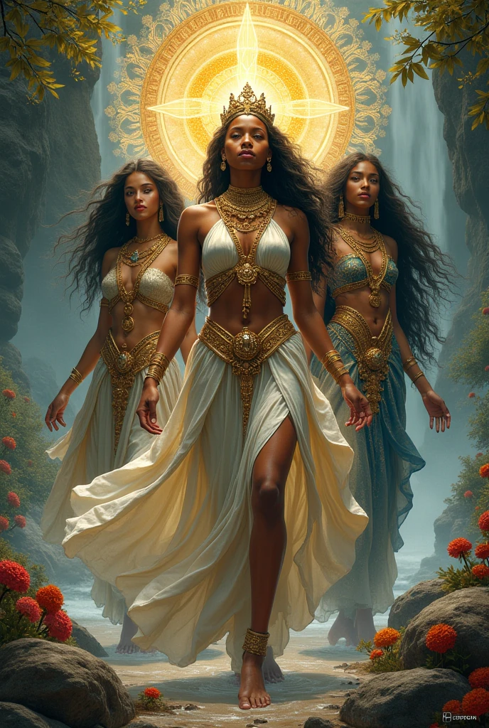 painting of three women in white dresses with wings on their shoulders, inspired by Thomas Blackshear, by Thomas Blackshear, dark skin female goddess of love, epic 3 d oshun, goddess queen, afrofuturism, goddess portrait, a stunning portrait of a goddess, curvaceous. detailed, goddess. extremely high detail, goddess close-up portrait