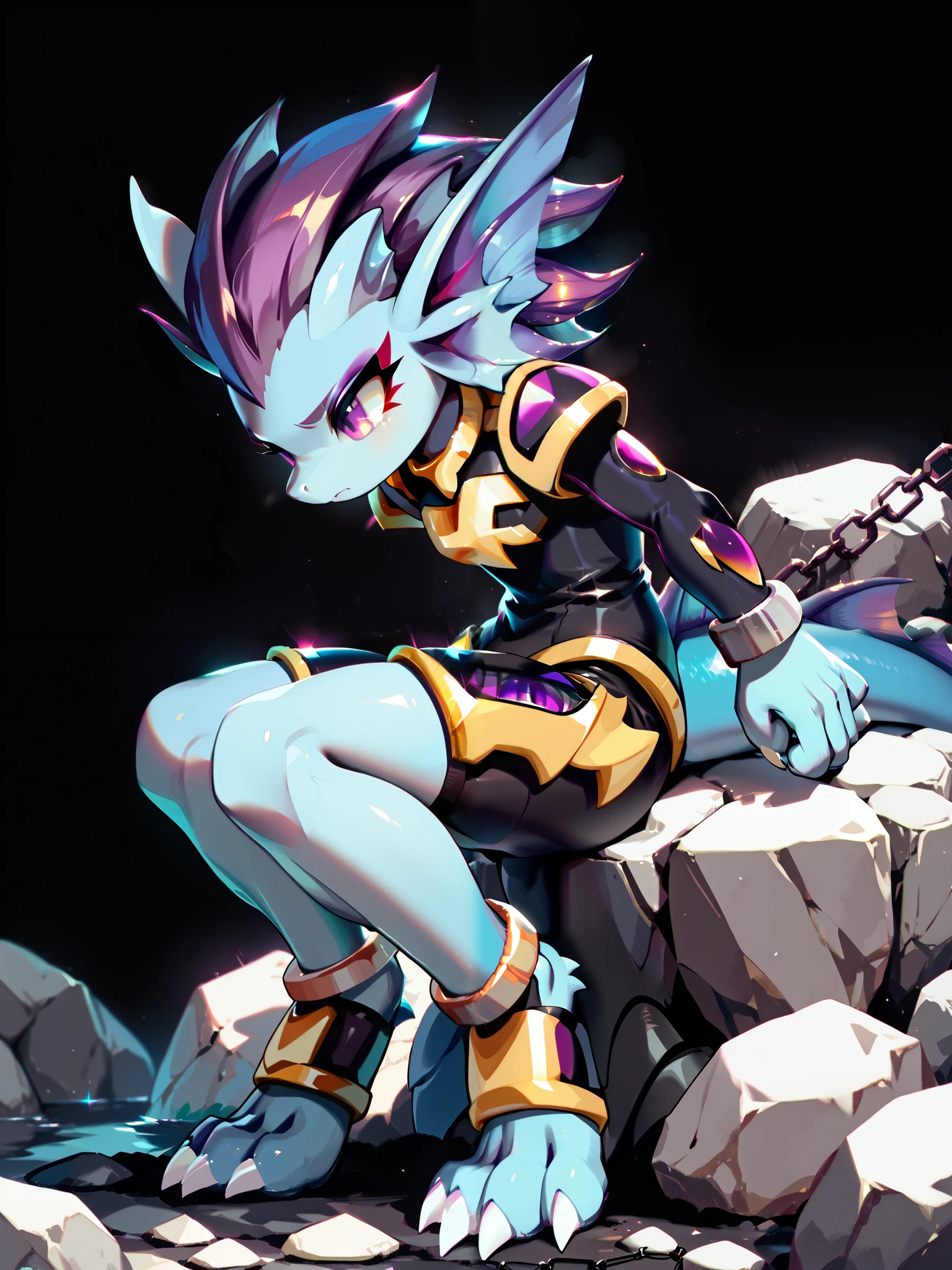 Anime, ((anime style)), solo drawing, solo, ((Solid Black Background)), ((vivid purple eyes)), ((draconic ear fins)), ((head fin)), ((tall figure)), ((chained to a rock)), tired expression, ((digitigrade legs)), ((digitigrade feet)), ((highly detailed anime style)), clean lines, claws, Merga from freedom planet 2, female, light armor, blue skin, black armor with gold trim, white claws, short muzzle, leg armor, ankle armor,  black leggings under armor, ((wrists chained to a rock)), ((legs chained to ground))