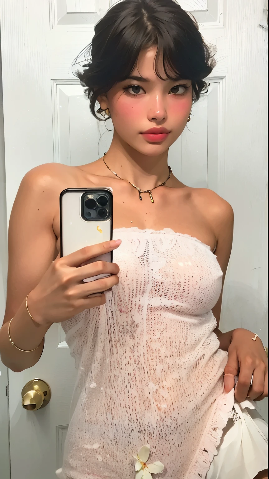 mulher araffe em um vestido rosa tirando uma selfie na frente de um espelho, Retrato de Sophie Mudd, no estilo de Petra Collins, usando gargantilha com detalhes dourados, vestido tubinho, por Siona Shimshi, Bella Poarca, por Eva Frankfurther, Kailee Mandel, por Alexis Grimou, Dua Lipa, Direction: Adam Rex, Zoë Kravitz