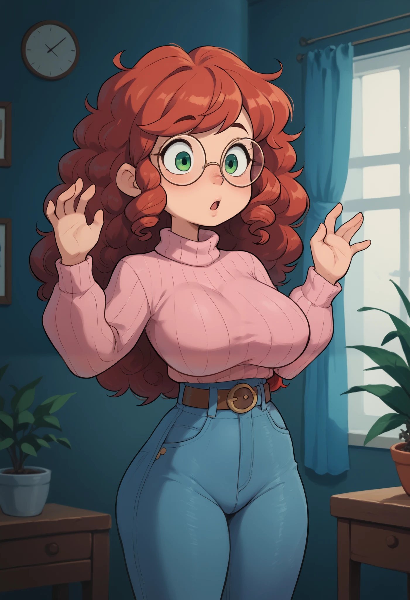 Solo, girl, short, short girl, small waist, tiny waist, red hair, curly hair, long hair, green eyes, gigantic eyes, (large breasts), sagging breasts, medium butt, round glasses, indoors, pink tight sweater, denim jeans, brown belt, (mini cute style), raised hands, surprised