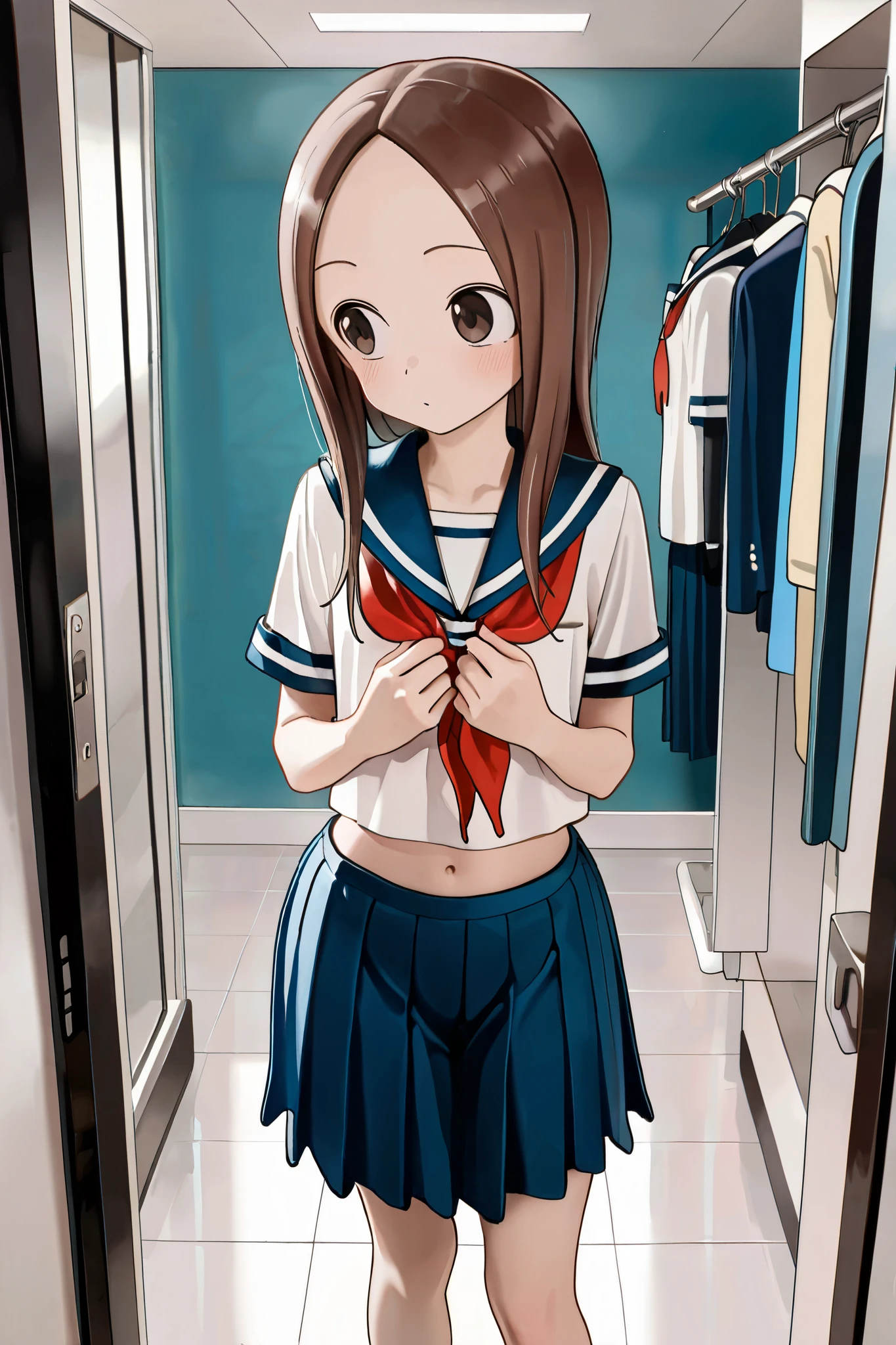 NSFW, Masterpiece, top quality, high resolution, very detailed,Takagi\(からかい上手のTakagi\), with long hair 、 Hair,Forehead、clavicle, sailor suit、 sailor color、 Red Neckerchief、 white shirt、Short sleeve、 pleated skirt、 blue skirt,School, dressing room, is changing clothes ,Half-naked