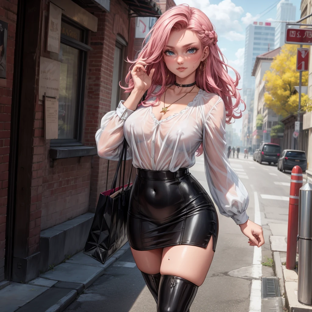 Masterpiece, beautiful art, 8k, art style by sciamano240, very detailed face, detailed hair, detailed clothes, detailed fabric, 1girl, beautiful face, long hair, hot pink hair , model head shot, facing camera, very detailed green eyes, sultry smile, wearing classy fall clothes, white dior thigh boots, white pencil skirt, walking , out shopping, necklace, chocker, rosey cheeks, sunny fall setting, full body view, photorealistic, indirect lighting, volumetric light, ray tracing, hyper-detailed, best quality, ultra-high resolution, HDR, (8k, Best Quality, Masterpiece:1.2), Ultra Detail, RAW Photo, Super Resolution, Professional Photo, Extremely Detailed and Beautiful, lot of drool, sweat, belly inflation