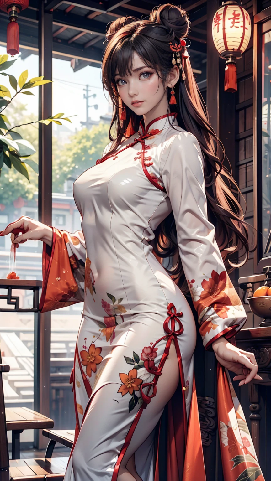 newchinesestylesuit, masterpiece, best quality, beautiful woman sitting, elegant pose, diagonal composition, long legs, body leaning back, golden long hair, soft colors, fair skin, gentle smile, sunny room, soft sunlight, delicate shadows, harmonious, intricate details, photorealistic, highly detailed, cinematic lighting