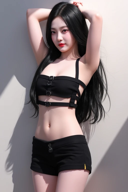 1girll，Celluloid，By bangs，exposed bare shoulders，Bandeau，black pantyhoses