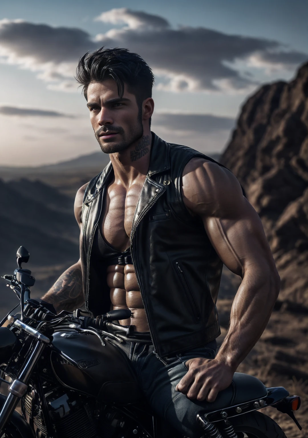 A handsome shirtless man with tattoos, Kale, of hard penis. Sitting on a sports bike