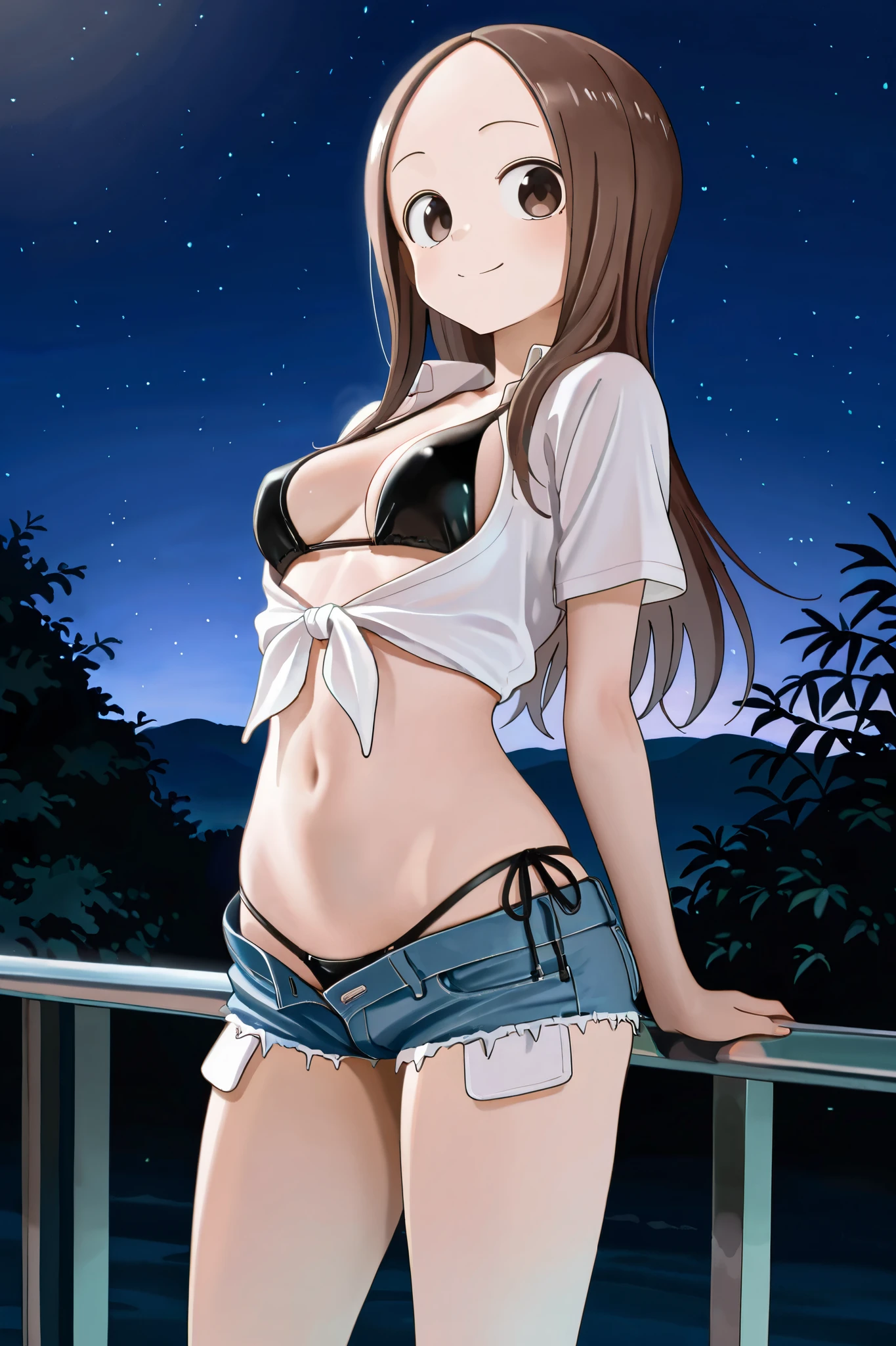 NSFW, Masterpiece, top quality, high resolution, very detailed,Takagi\(からかい上手のTakagi\), with long hair 、 Hair,Forehead、clavicle, tied shirt , crop top,open front shirt, denim shorts, high leg bikini, night entertainment district